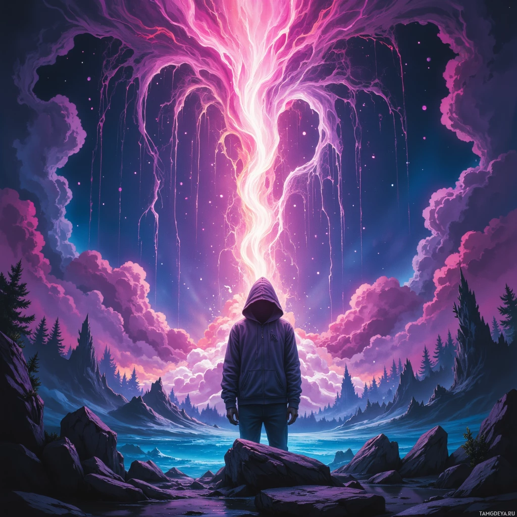 A hooded figure stands before a vibrant, cosmic sky with glowing tendrils and a serene landscape of rocks and trees.