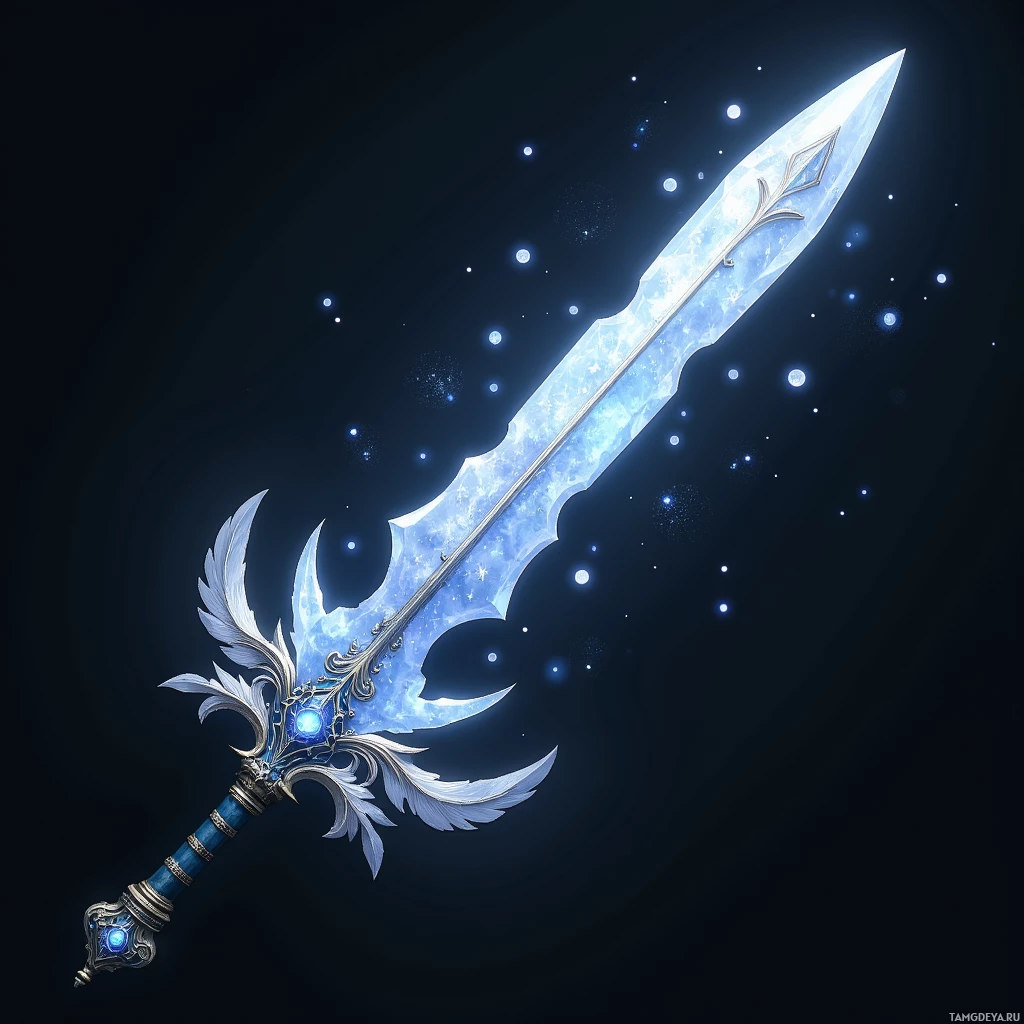A glowing, ornate sword with a blue gem and intricate designs.