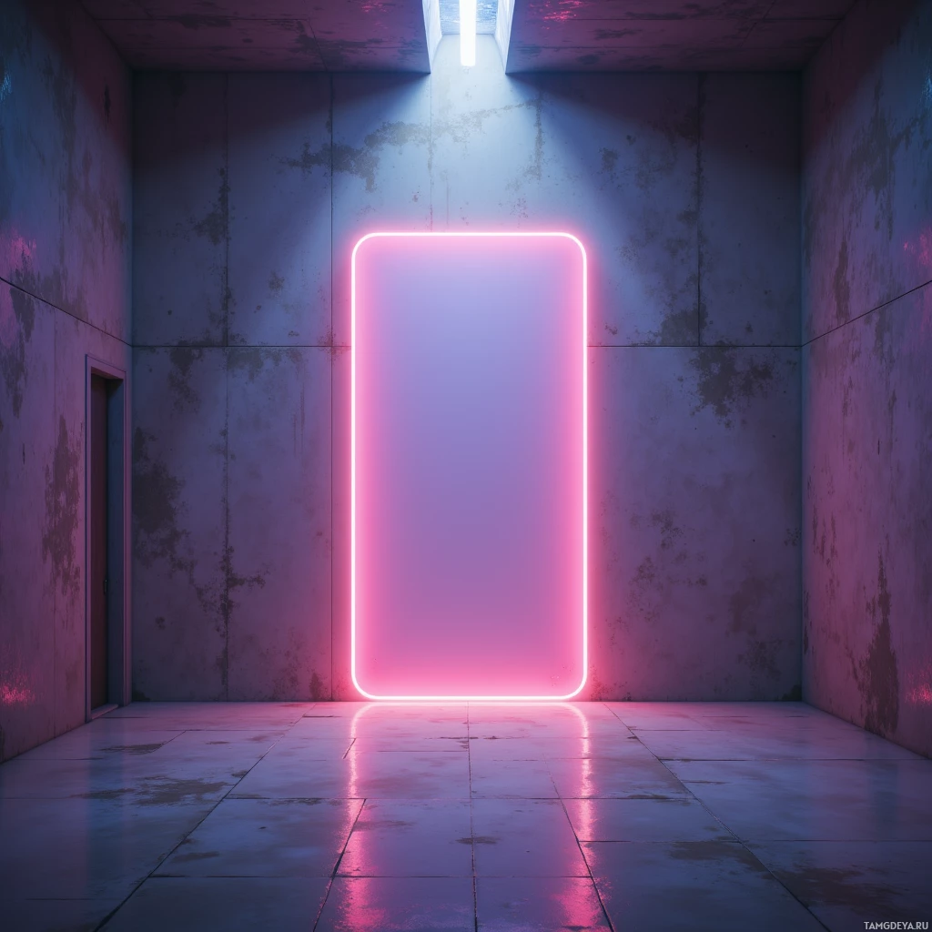 A neon-lit doorway in a dimly lit, concrete-walled room.