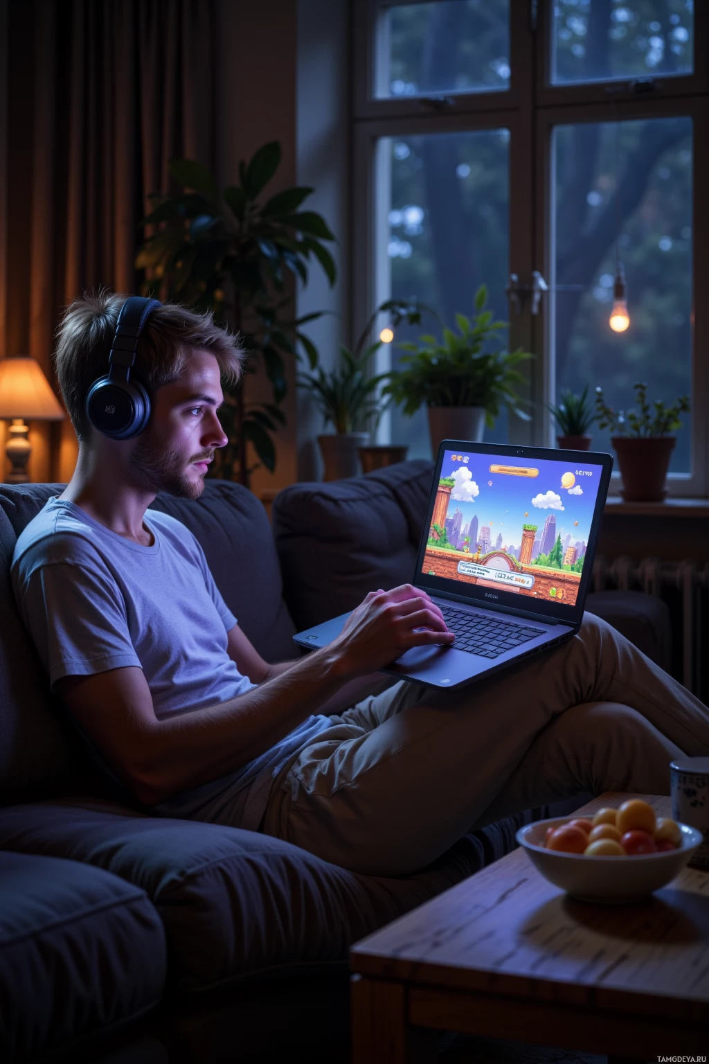 A person is sitting on a couch playing a video game on a laptop in a cozy room.