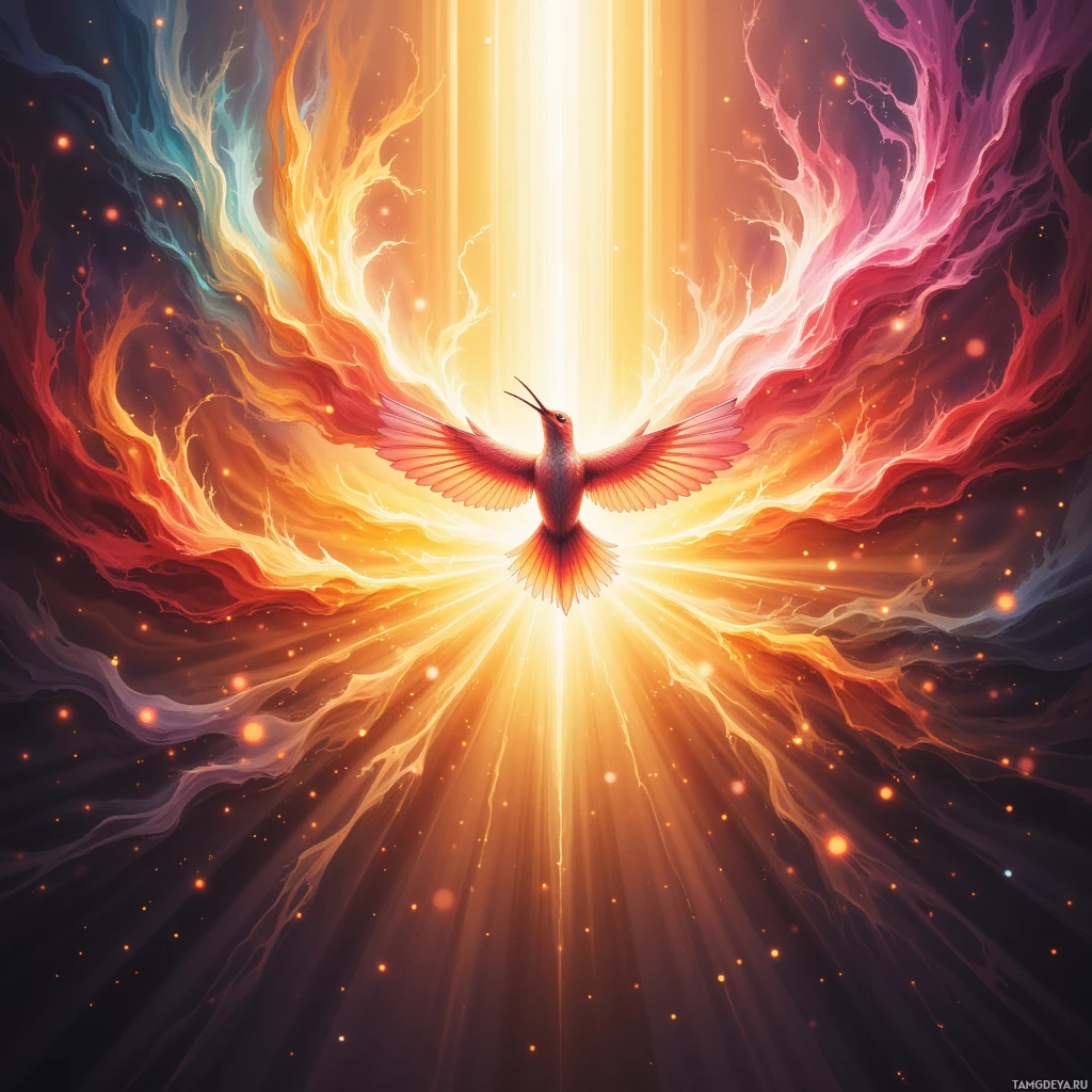 A vibrant, ethereal image featuring a bird with wings aglow, surrounded by radiant light and swirling, colorful energy.
