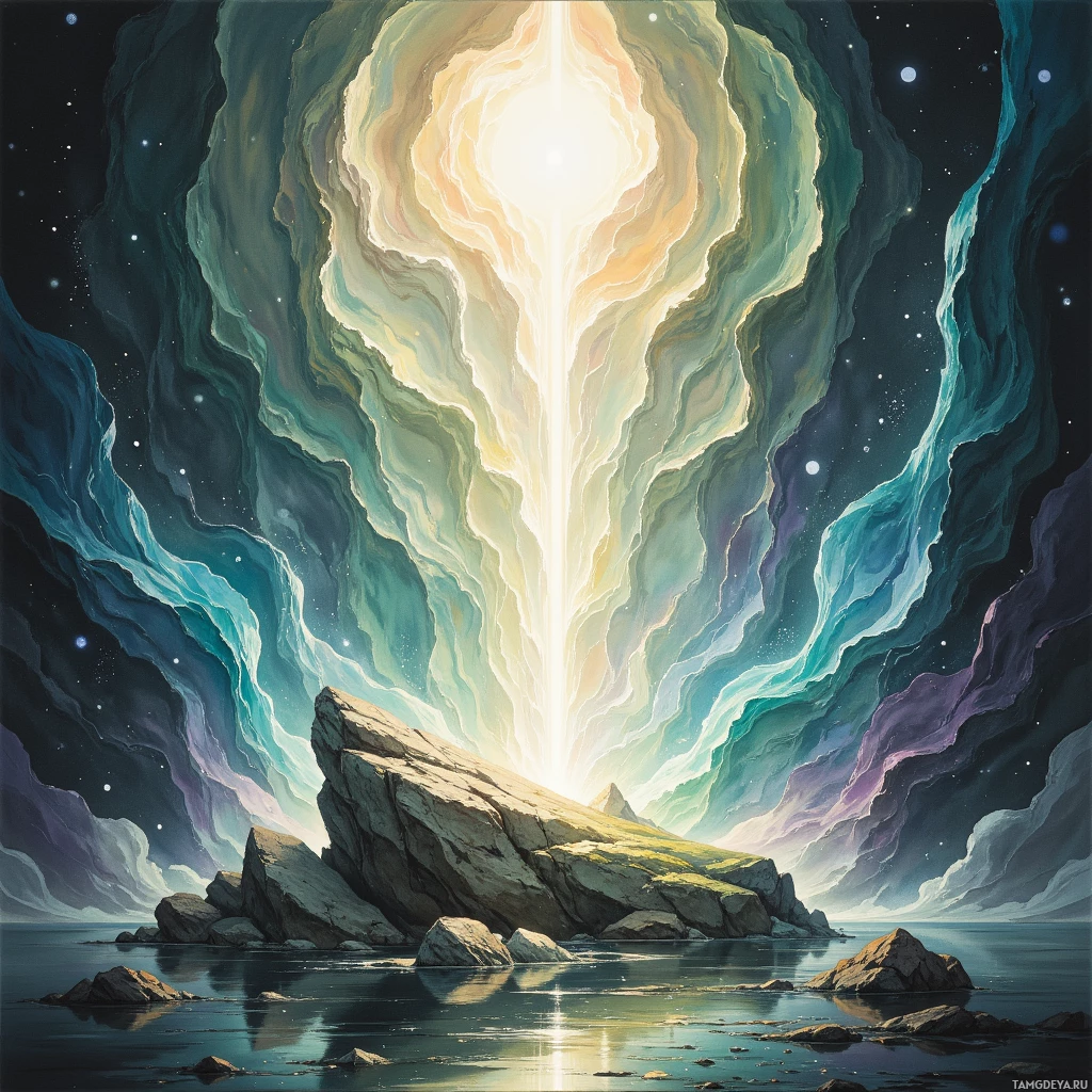 A serene landscape featuring a glowing celestial light above a rocky shore and calm sea.