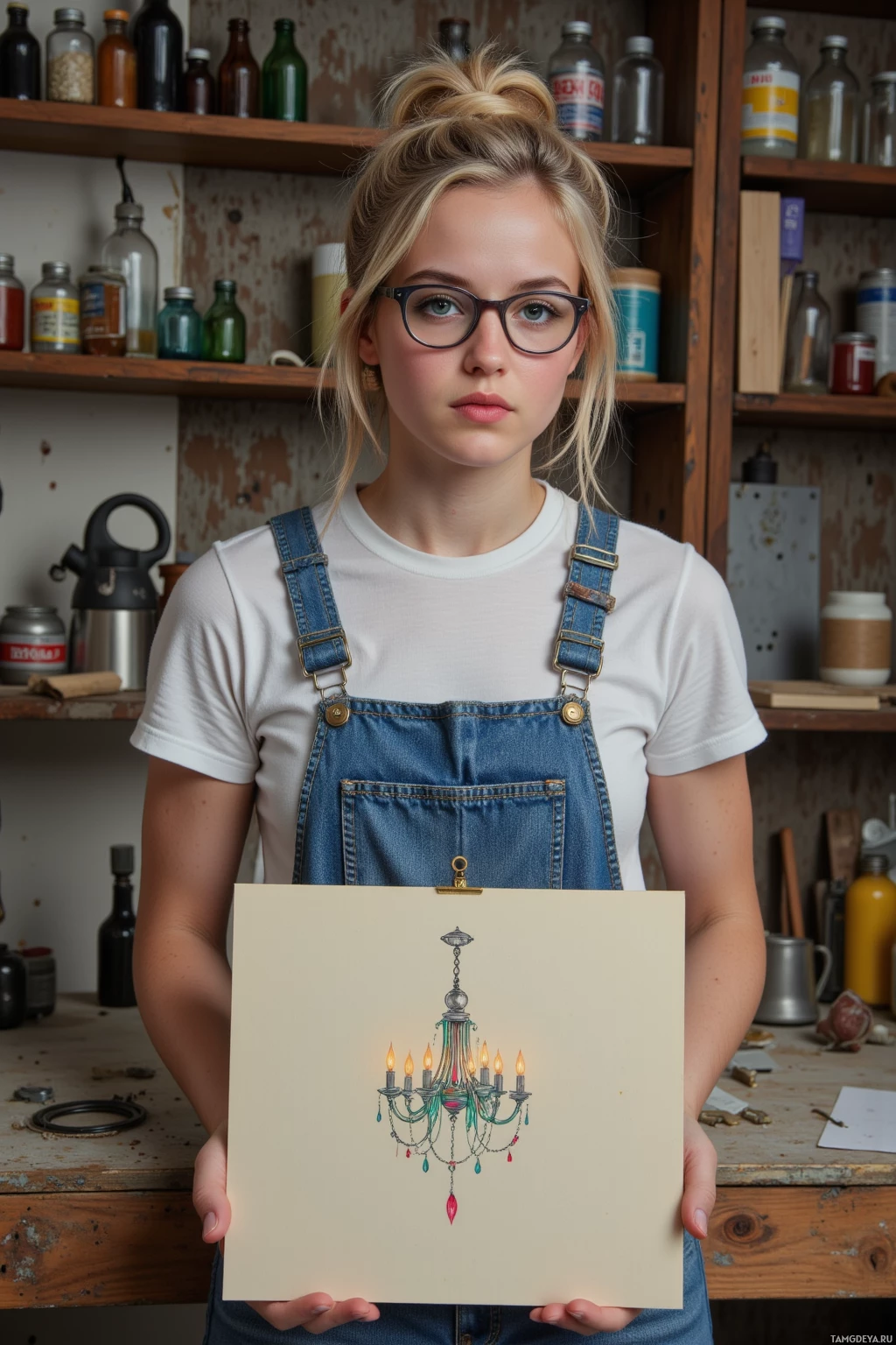 A person holds a drawing of a chandelier in a workshop setting.