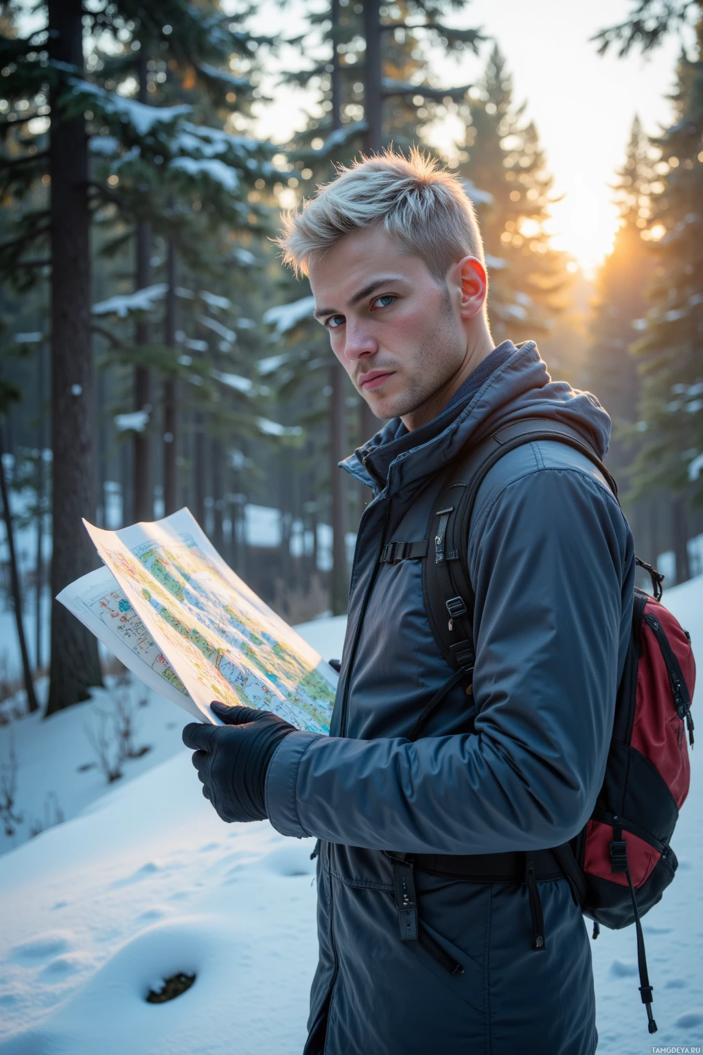 A person in winter gear stands in a snowy forest, holding a map and looking ahead.