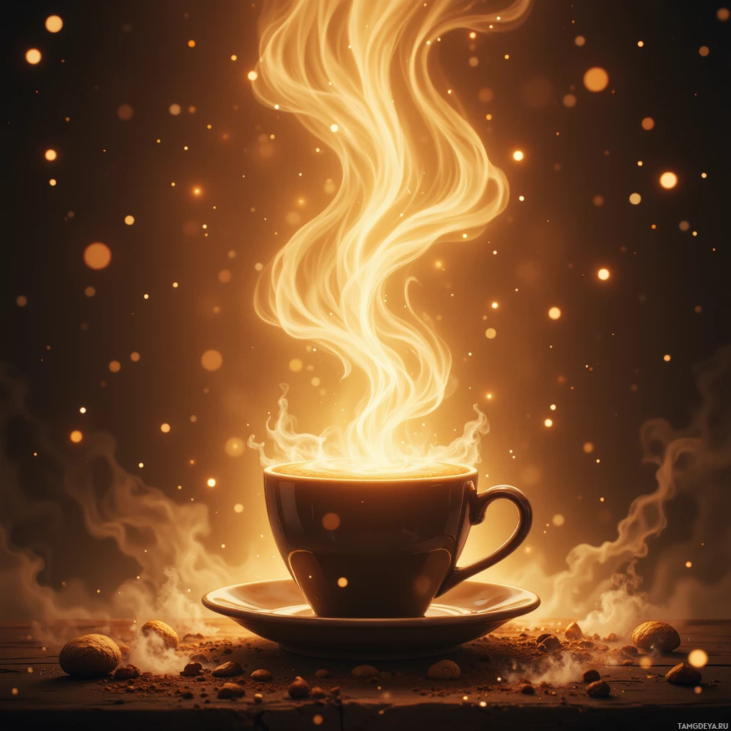 A steaming cup of coffee with glowing light effects and scattered coffee beans on a wooden surface.