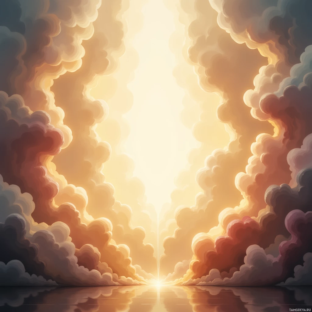 A serene sky with fluffy clouds and a bright light source in the center.