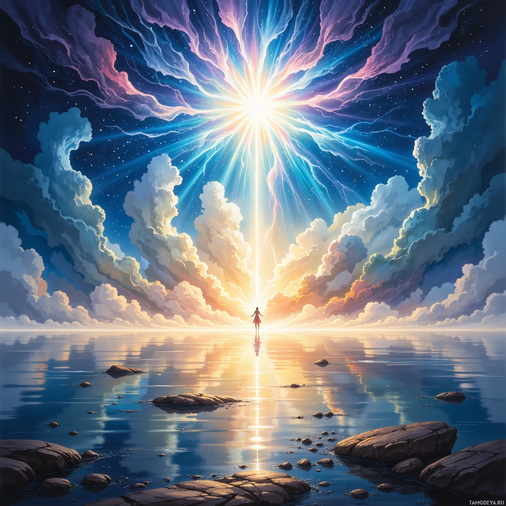 A serene scene of a person standing on a rocky shore under a vibrant sky with radiant light beams.