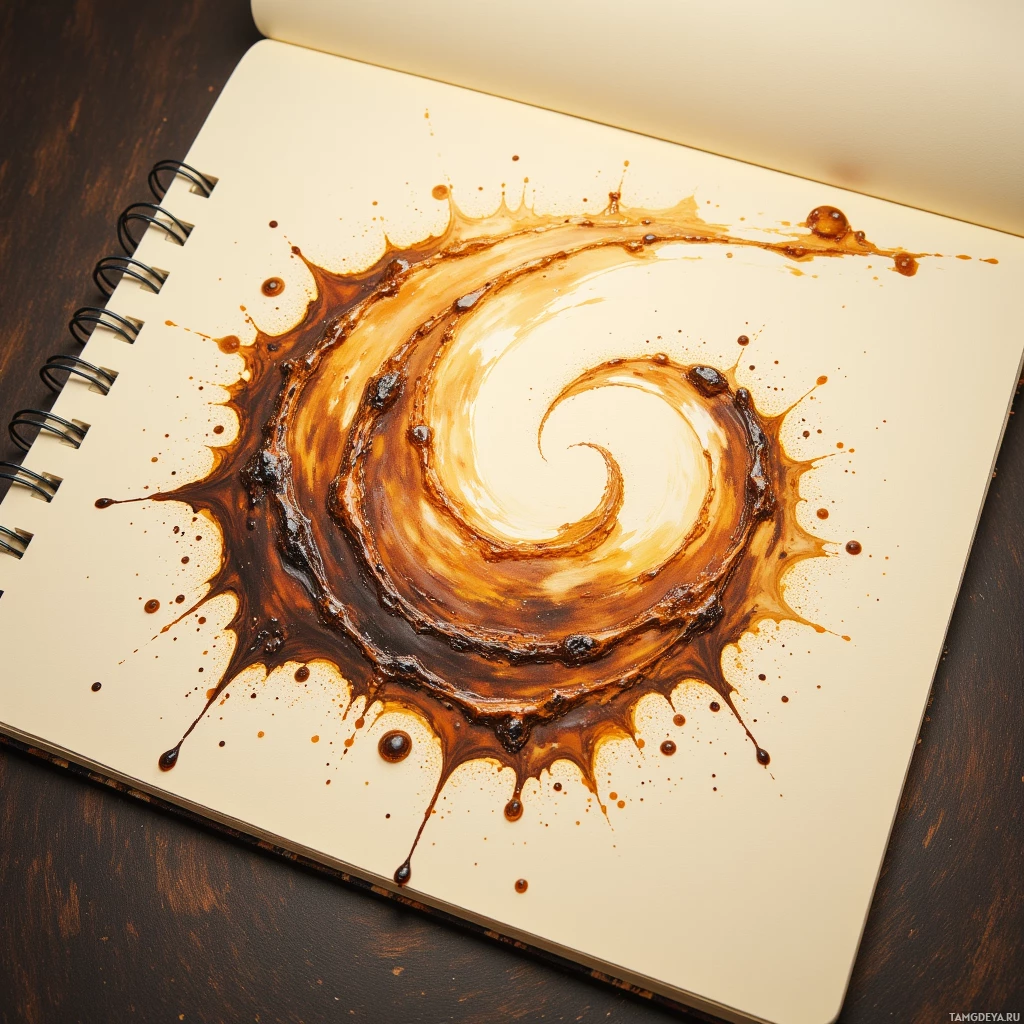 A spiral of brown liquid splashes on a notebook page.