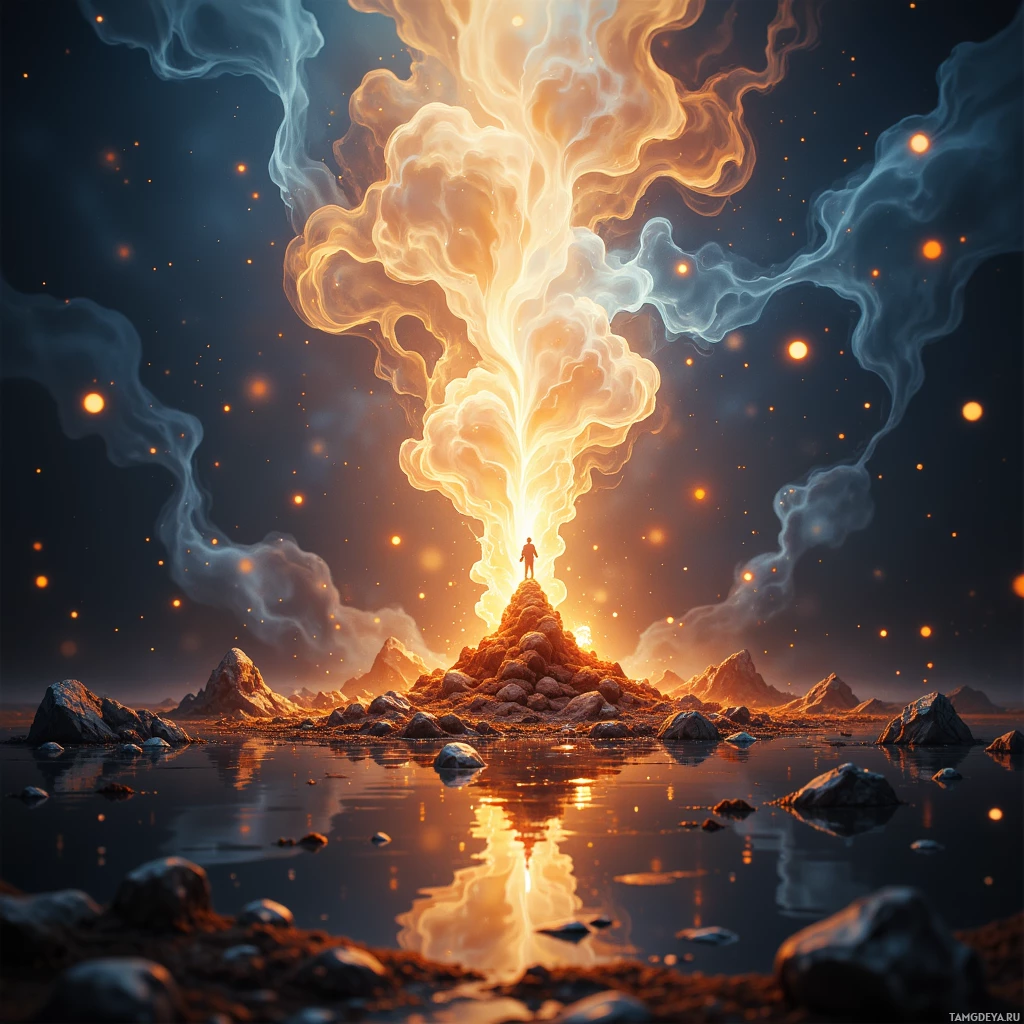 A person stands atop a rocky island surrounded by a glowing, fiery eruption with smoke and sparks in the sky.