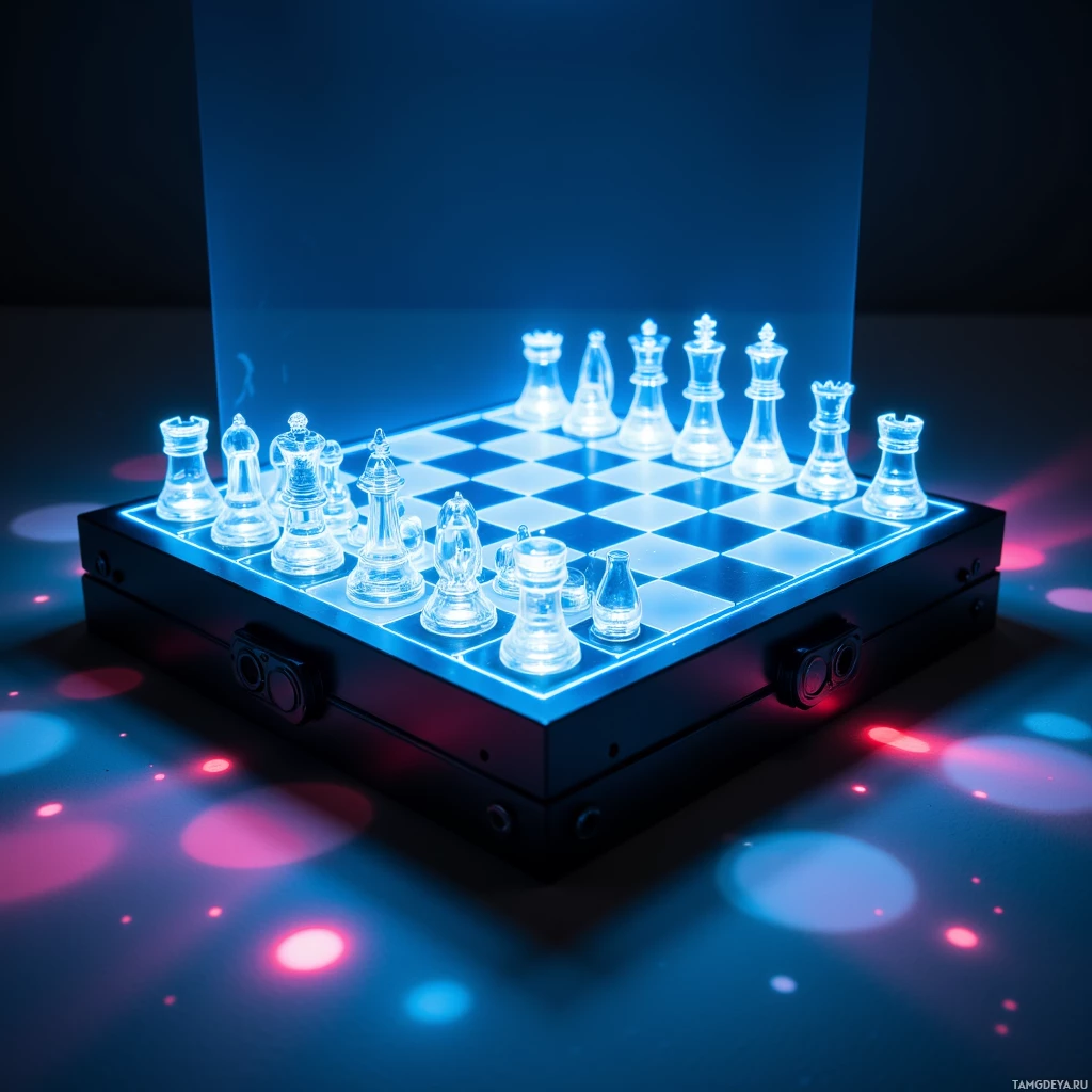 A glowing chessboard with transparent pieces and colorful lights.