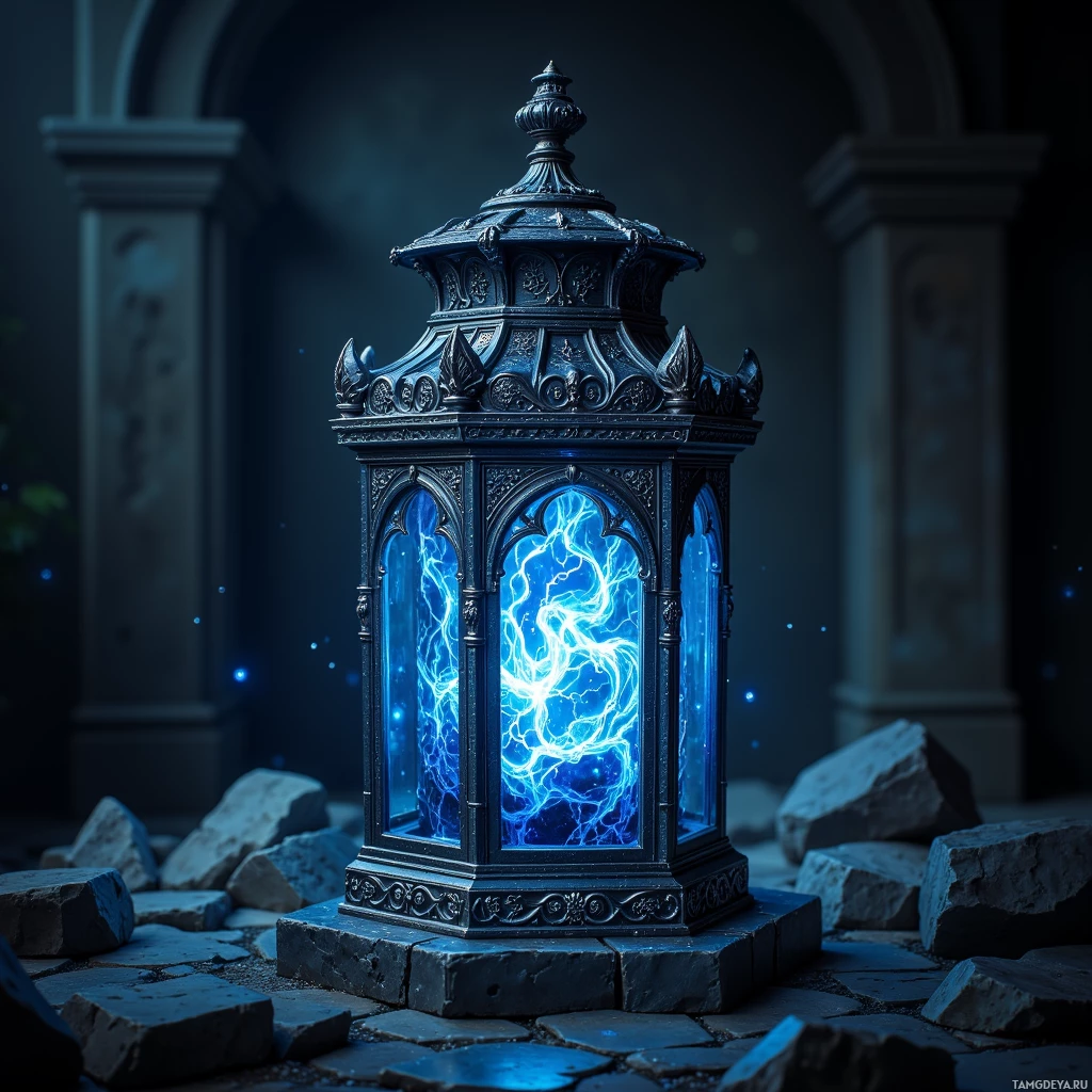 A dark, ornate lantern with glowing blue lightning inside stands on cobblestones in a dimly lit setting.