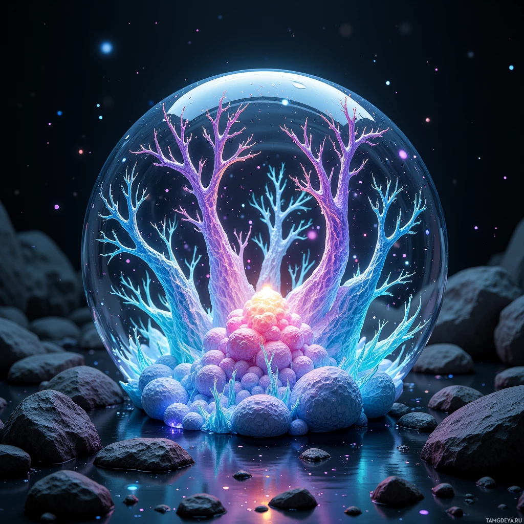 A glowing, ethereal tree within a glass sphere surrounded by rocks and a starry night sky.