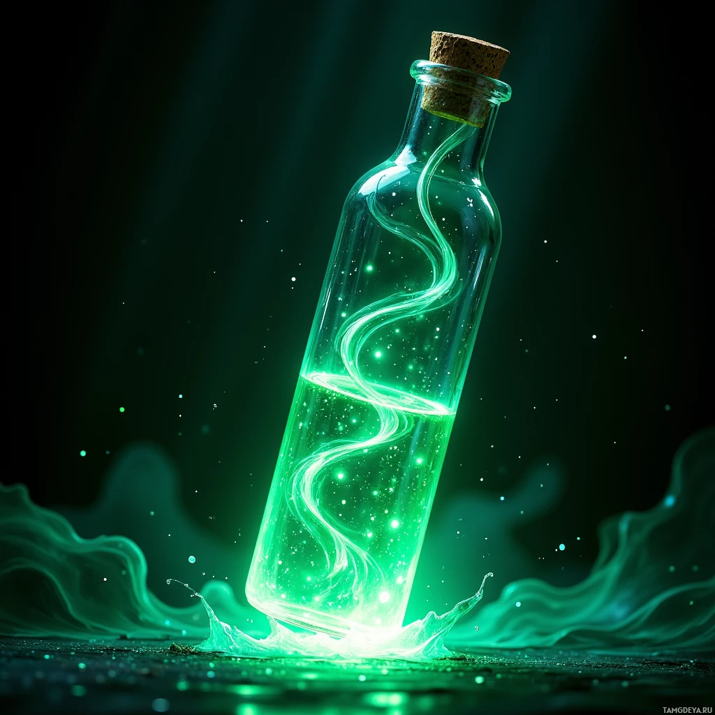 A glowing green bottle with swirling liquid and sparkling particles.