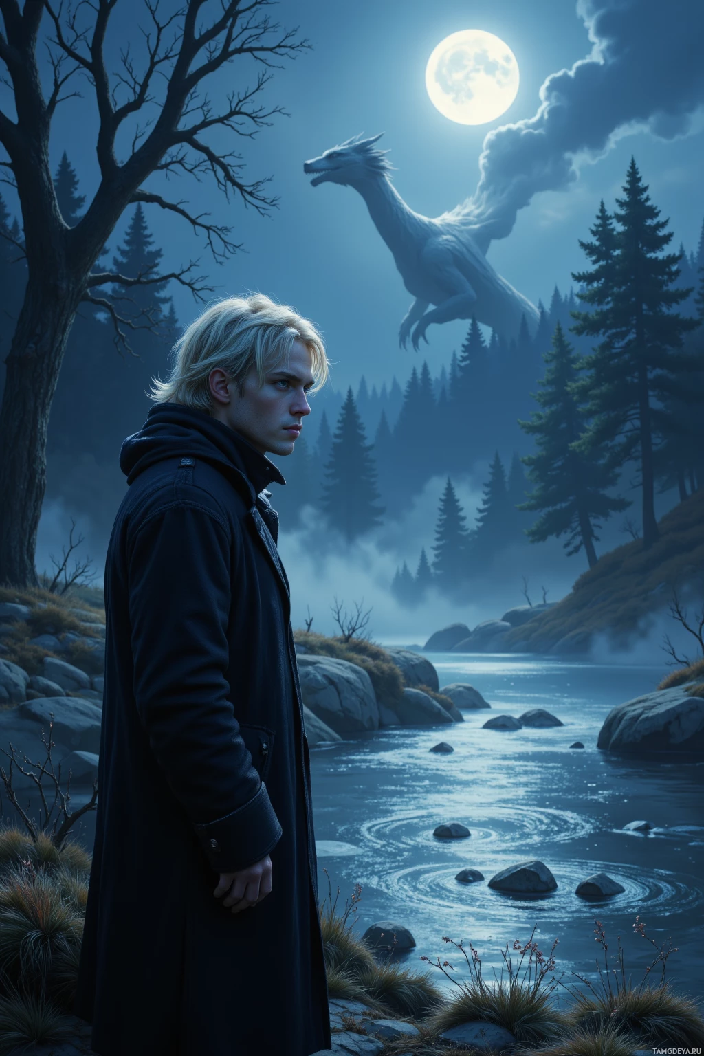 A person in a long coat stands by a river under a full moon, with a mythical creature flying in the sky.