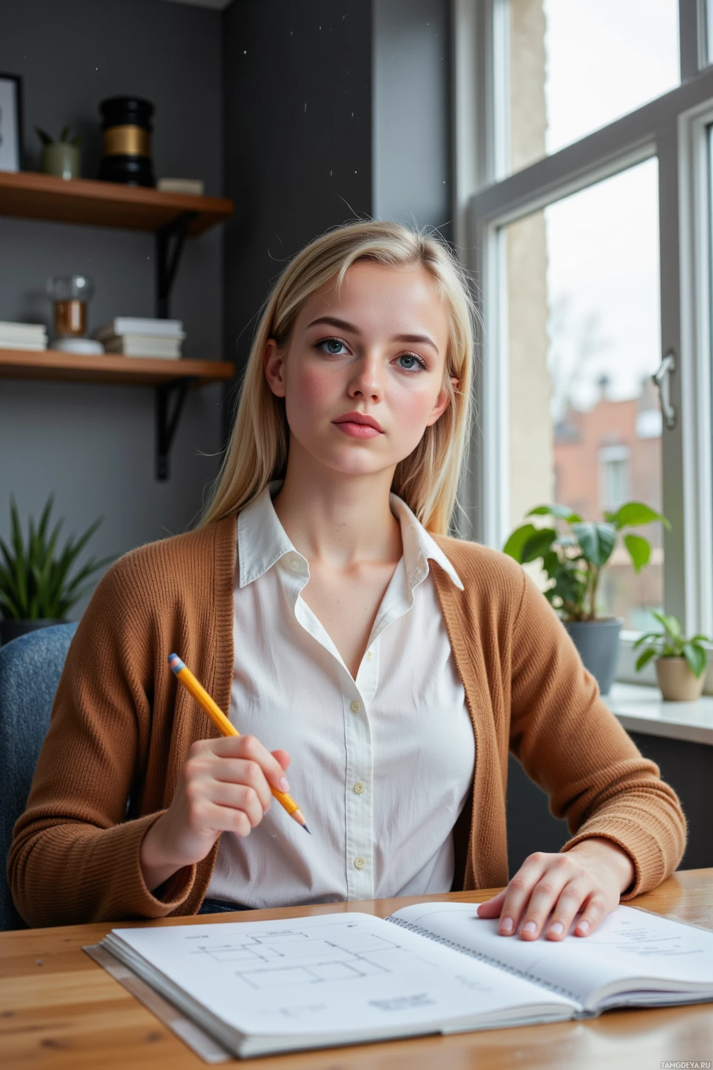 A person sits at a desk with a notebook and pencil, looking directly at the camera.