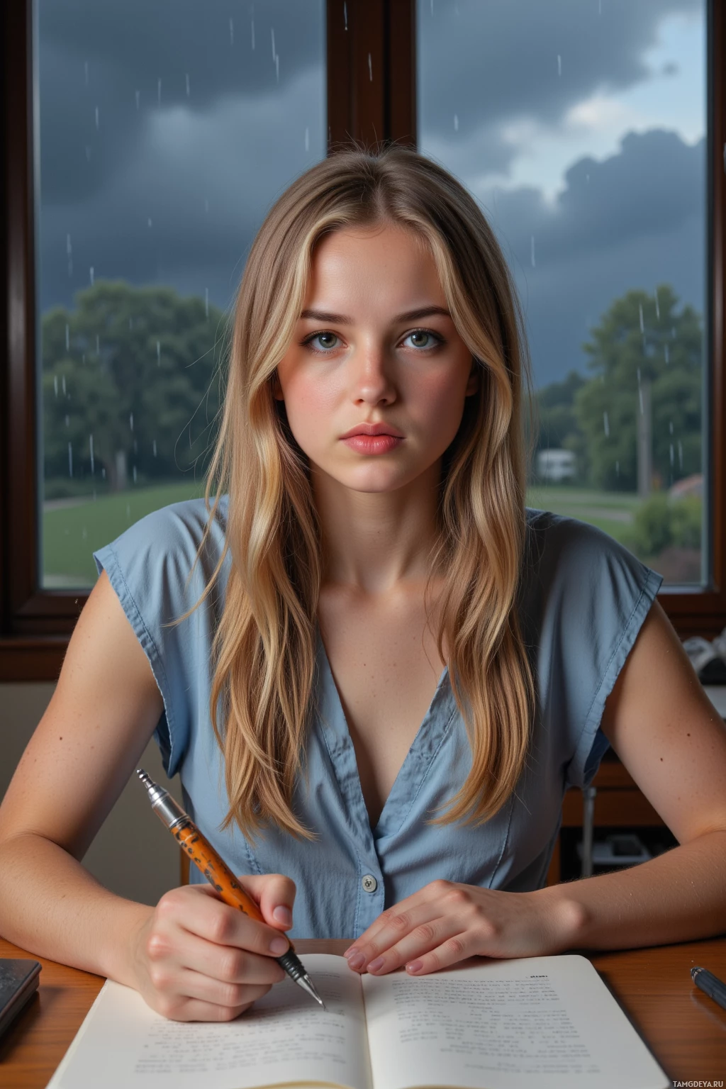 A young woman with long blonde hair sits at a desk, writing in a notebook with a pen, against a backdrop of a rainy window view.