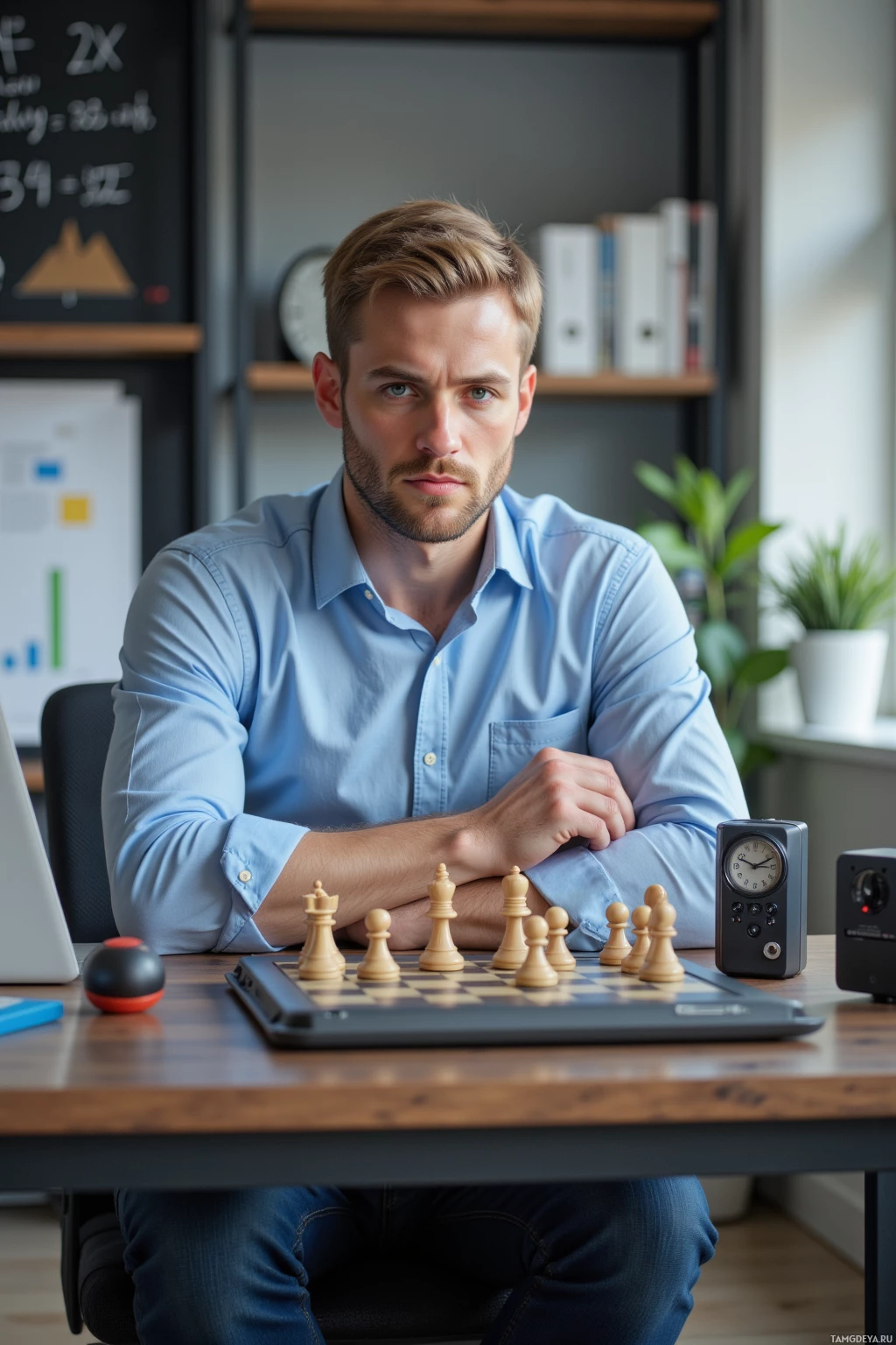 Realistic high quality photo. A 33-year-old man with short blonde hair, calm blue eyes, in a light blue dress shirt and dark jeans, studying a chess board and a chess clock at a desk in a modern home office, surrounded by a laptop displaying a spreadsheet and a whiteboard with calculations, exuding focused methodical intensity.