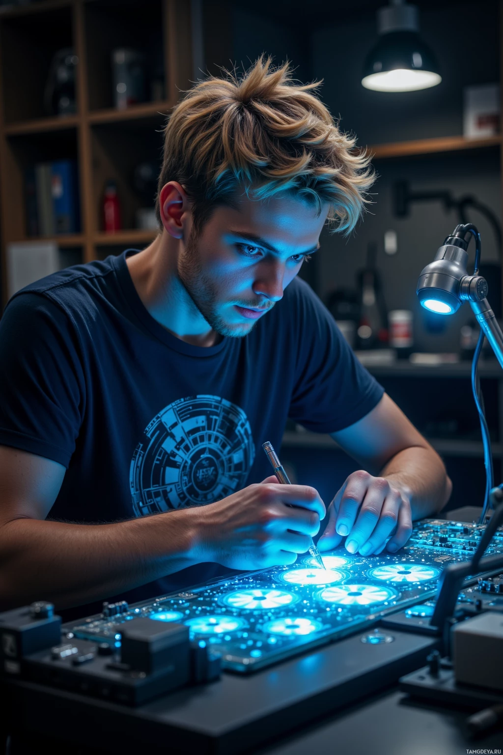 Realistic high quality photo. A 26‑year‑old male with tousled blonde hair, sharp blue eyes, wearing a tech‑inspired t‑shirt, soldering a glowing blue circuit board with precision fans in a dimly lit solitary workshop at night, metal tools and clean lines in focus.