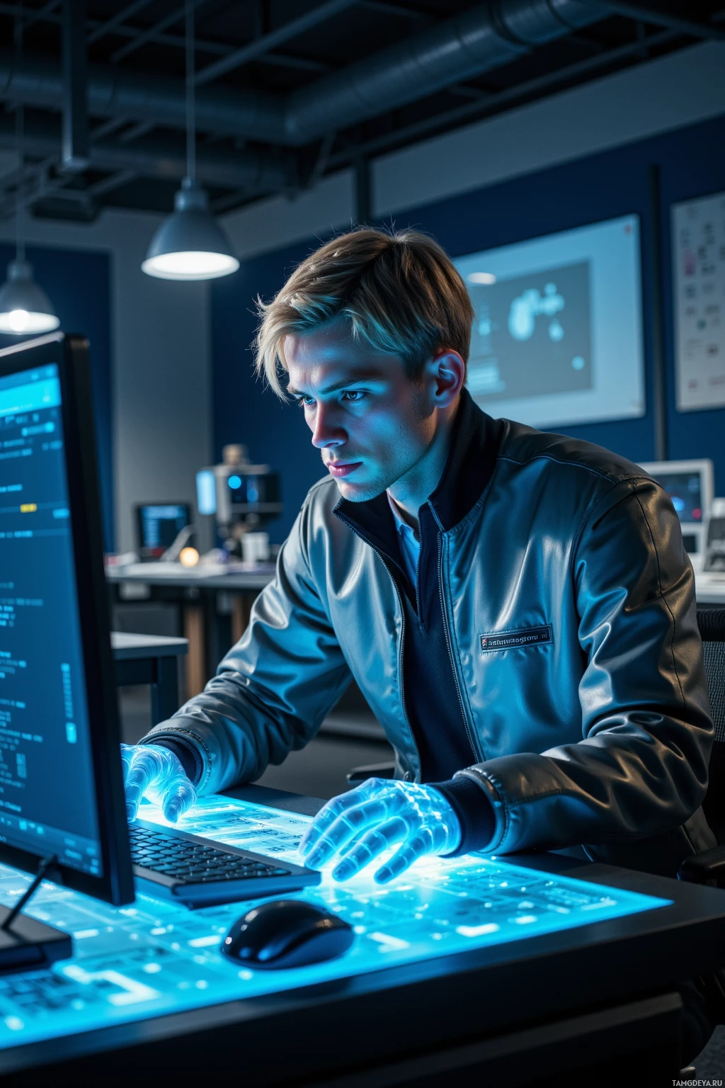 Realistic high quality photo. 29‑year‑old male with short blonde hair, blue eyes, sharp jawline, wearing a silver jacket, digital visor, and glowing blue gloves, sitting in a dimly lit robotics lab at night, typing code onto a glowing monitor while lines of binary code float around him.