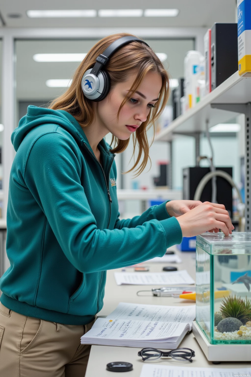 Realistic high quality photo. Female, 25, light brown wavy hair, bright blue eyes, wearing a sea‑green zip‑up jacket and beige cargo pants, standing in a modern marine biology lab at day, intently sorting cryptic plankton under a microscope, surrounded by a handwritten ledger, headphones with a dolphin image, a small aquarium with a pufferfish, cables, and lab equipment, exuding obsessive focus.