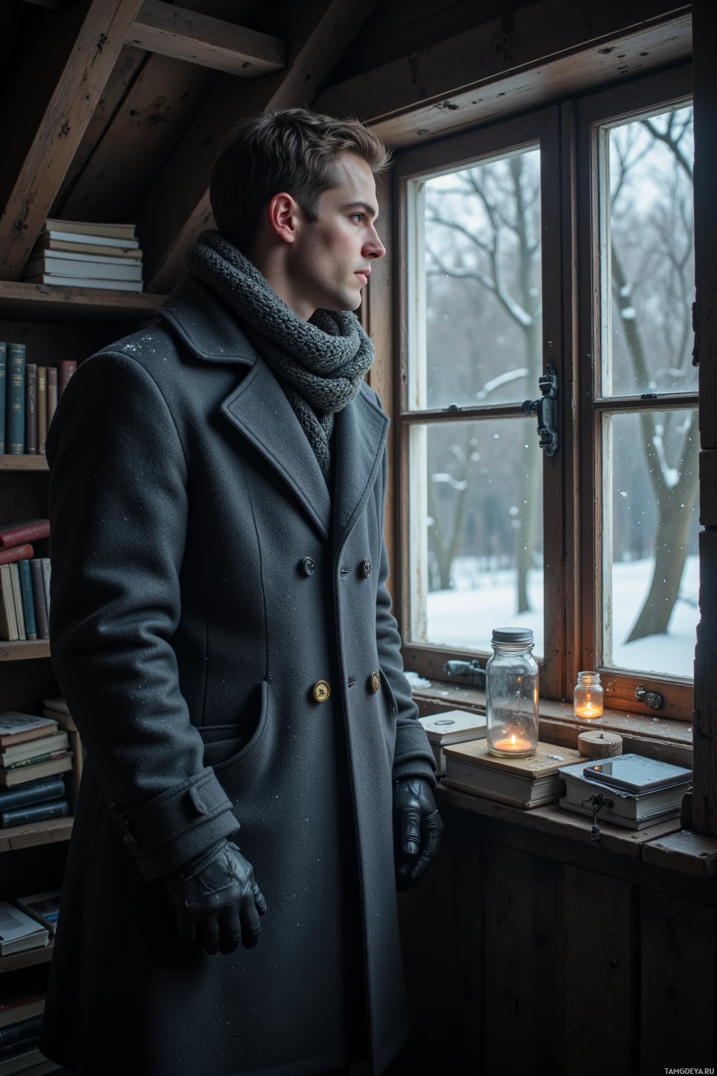 Realistic high quality photo. A 32‑year‑old man with short light brown hair, pale skin, blue eyes, wearing a thick gray winter coat, wool scarf, and snow‑dusted boots, standing in a dim attic corner with a closed window, watching snowflakes fall in perfect halves outside, dust motes swirling in a glass jar beside an inactive smartphone on a wooden shelf, surrounded by stacks of forgotten poems.