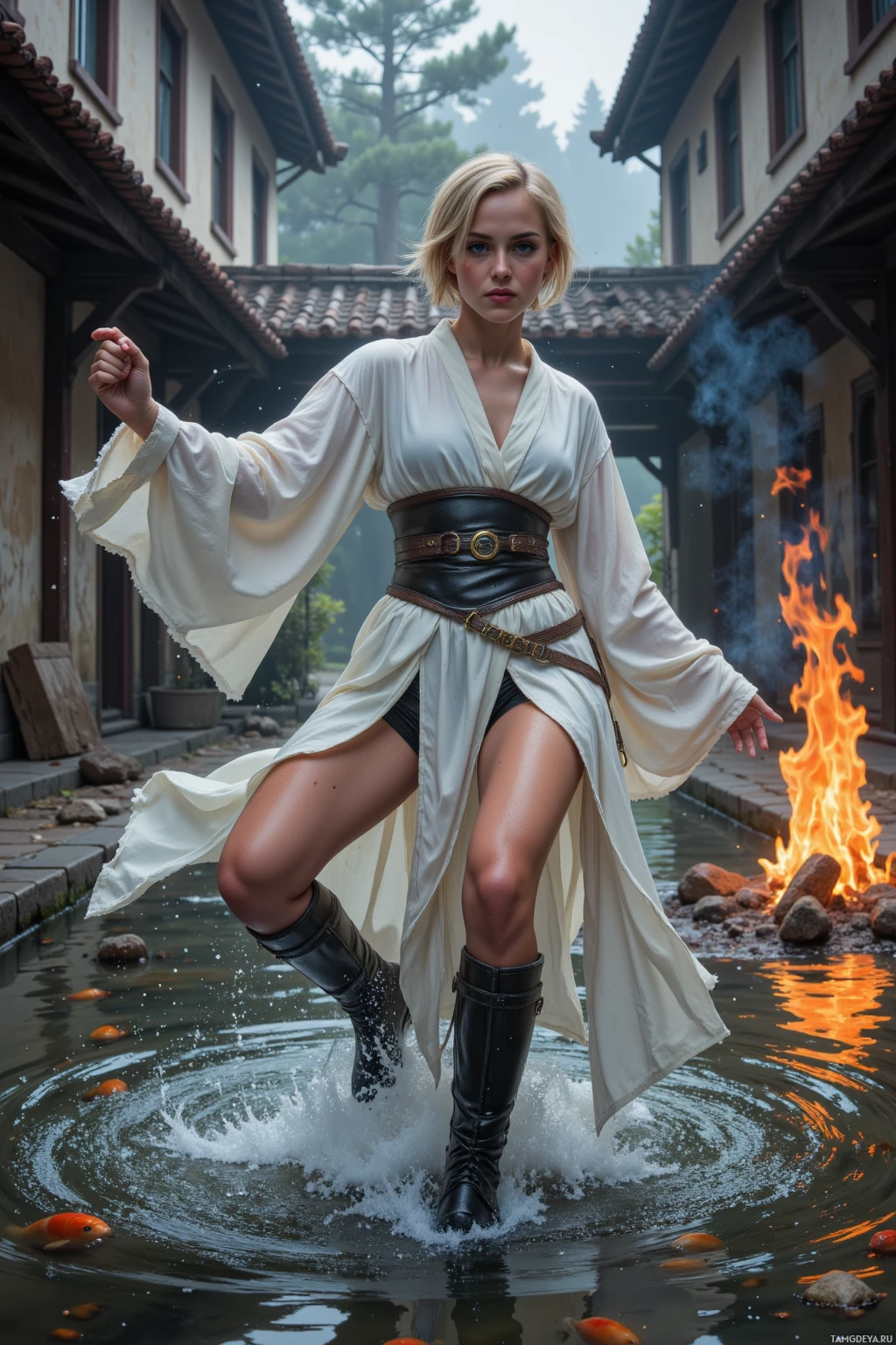 Realistic high quality photo. Female 21‑year‑old warrior with short blonde hair, striking blue eyes, fair glowing skin, wearing a flowing white robe with silver trim and sturdy boots, dancing in a rushing river with swirling koi, then striking a fierce pose against the fire clan in a courtyard with charred kitchen walls, while a smoldering campfire with burnt toast scent lingers, in twilight fantasy.