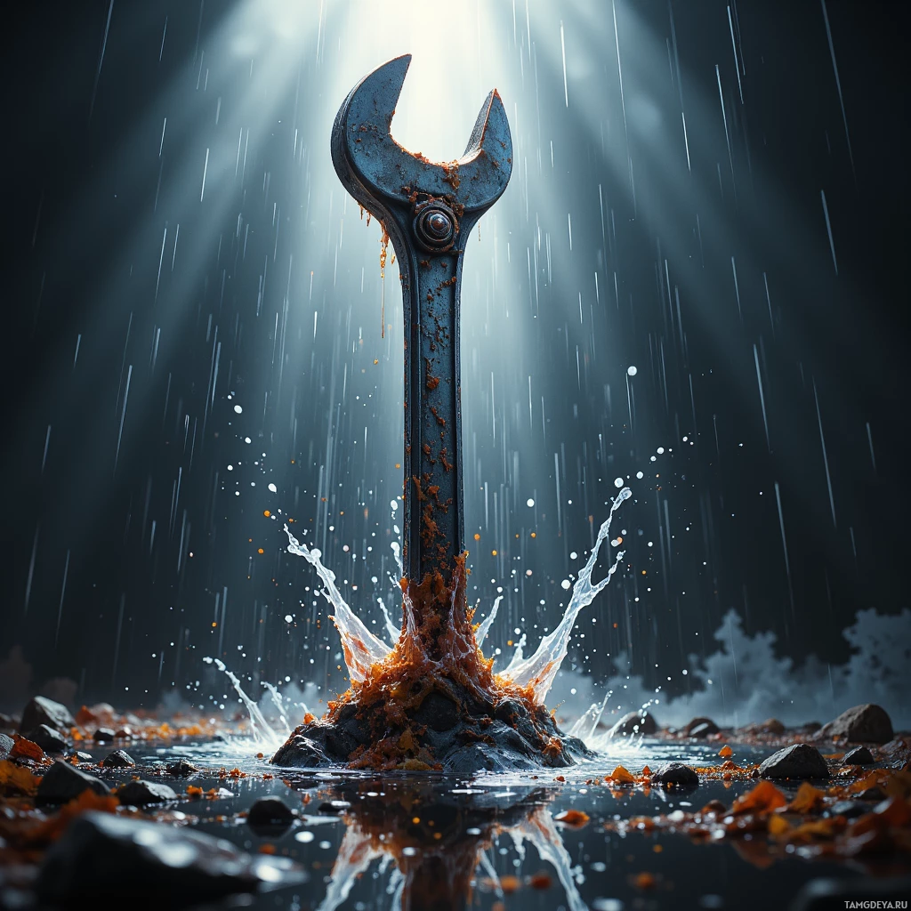 Semi-abstract image with many empty light space at center of beautiful background, that is suitable for the post:  Metal and rain: every splash on my wrench reminds me of a promise I keep in a rusted engine.