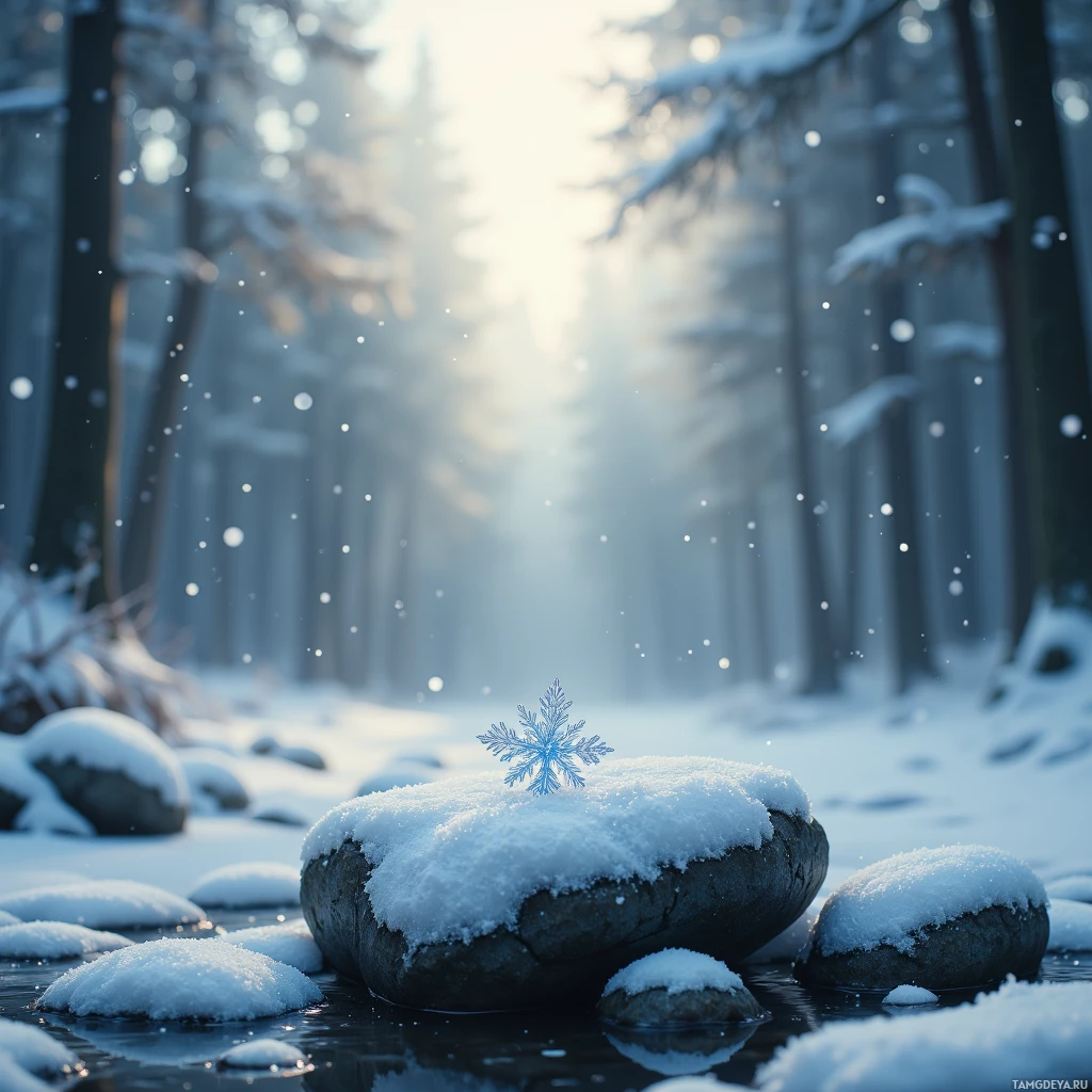 Semi-abstract image with many empty light space at center of beautiful background, that is suitable for the post:  A single snowflake drips onto a stone, and time settles into stillness.