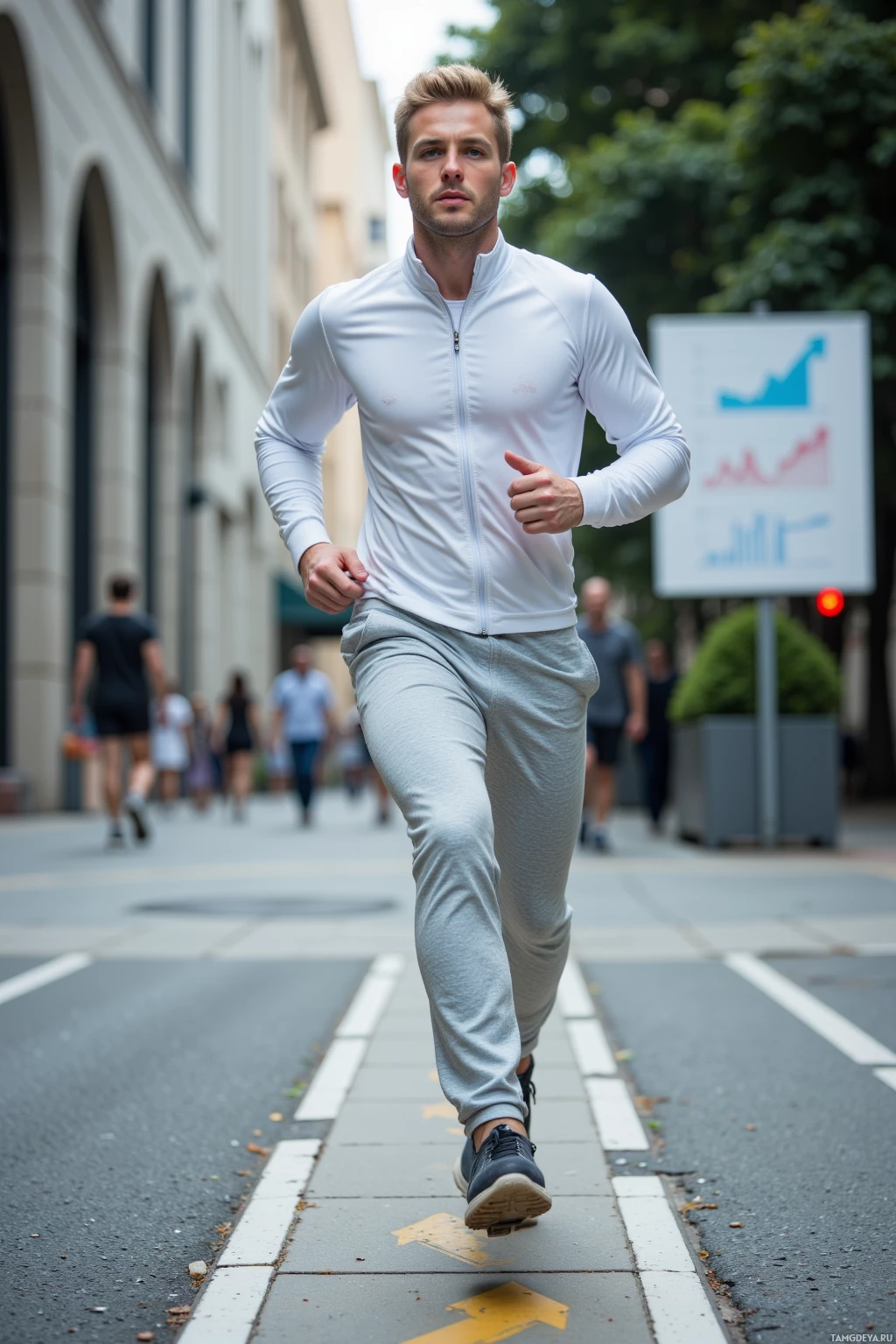 Realistic high quality photo. A 28‑year‑old man with short blonde hair and blue eyes in a fitted white track jacket and pale gray running pants sprinting out of a sleek office boardroom, leaving a chart with arrows behind him, onto a city sidewalk with crosswalk lines and traffic lights, midday, realistic style.