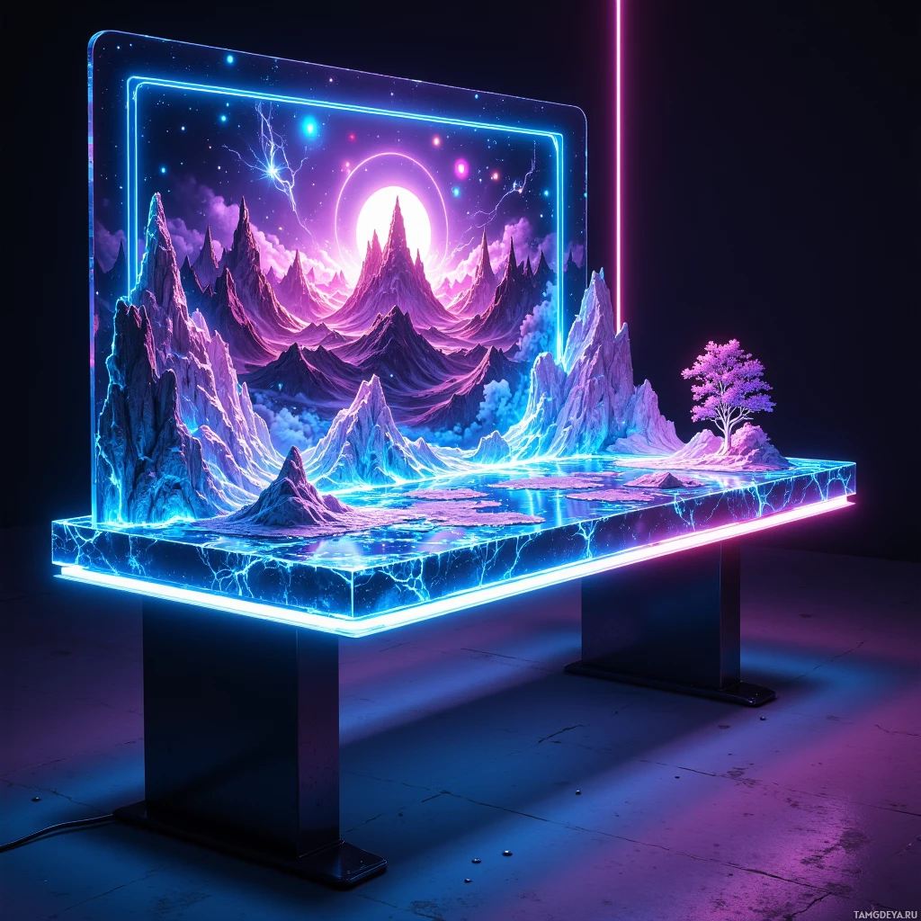 Semi-abstract image with many light, that is suitable for the post:  sleek glass holographic movie‑set desk with retro neon‑etched frame, pulsing LED strip underneath, projecting vibrant 3‑D cinematic scenes onto its surface.