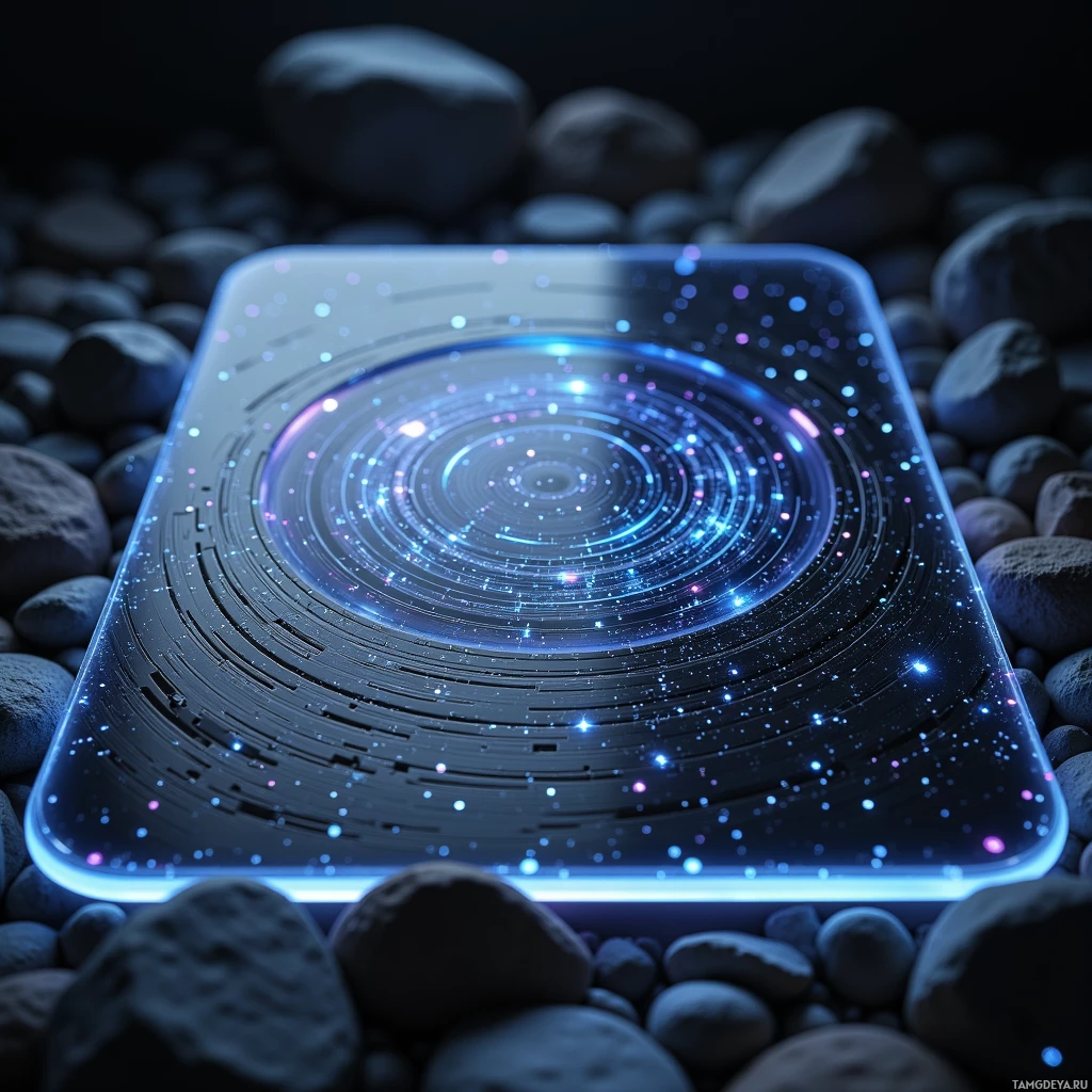 Semi-abstract image with many light, that is suitable for the post:  A sleek lightweight carbon‑fiber meditation slab with fine woven texture, embedded sensor circuitry etched into the surface, and a faint glowing illumination that pulses softly with breath.