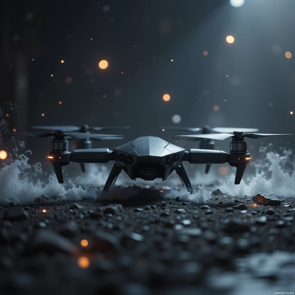 Semi-abstract image with many light, that is suitable for the post:  Compact stealth drone, matte black exterior, titanium frame, tiny adaptive camouflage module, sleek aerodynamic design, subtle carbon fiber accents, highly streamlined.