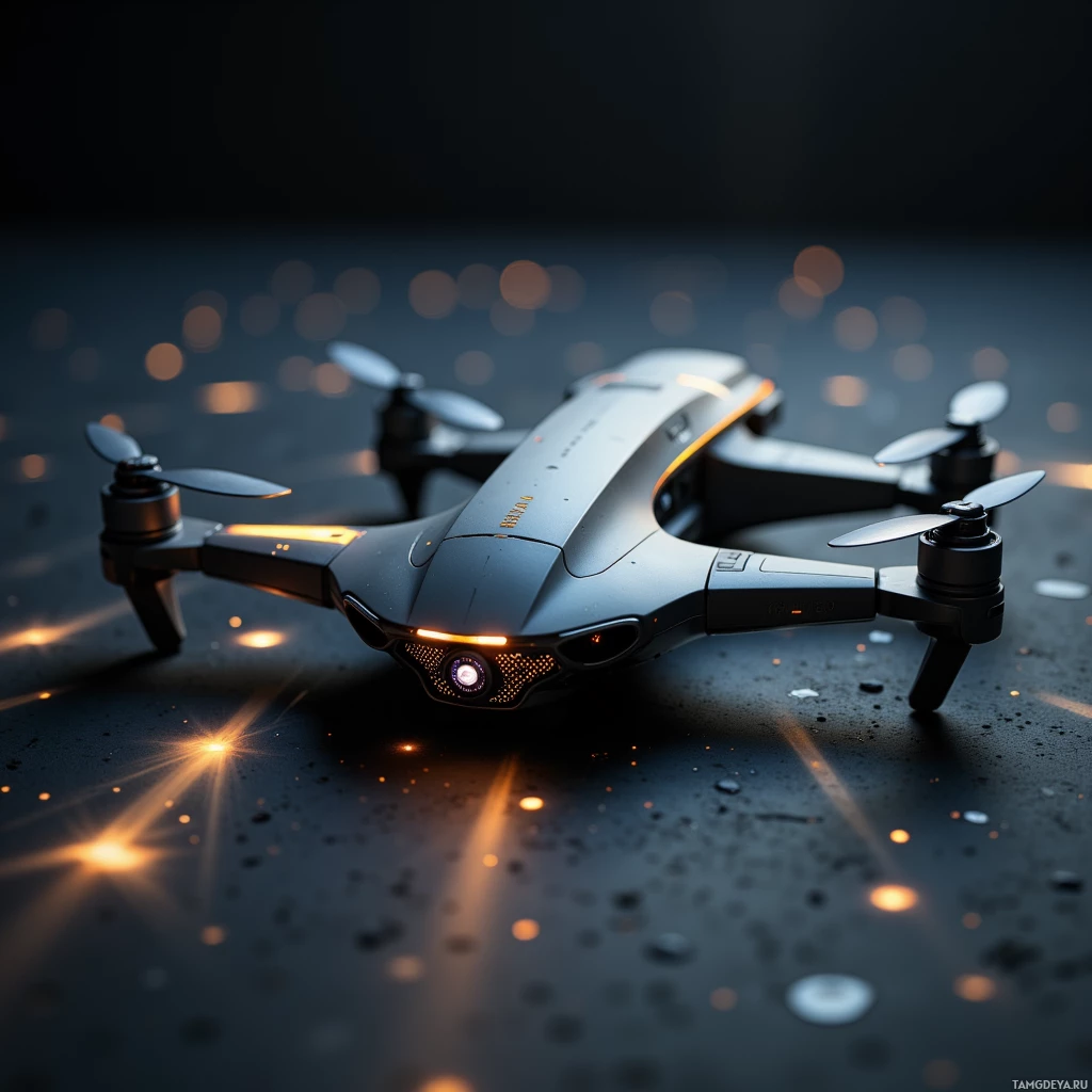 Semi-abstract image with many light, that is suitable for the post:  Compact stealth drone, matte black exterior, titanium frame, tiny adaptive camouflage module, sleek aerodynamic design, subtle carbon fiber accents, highly streamlined.