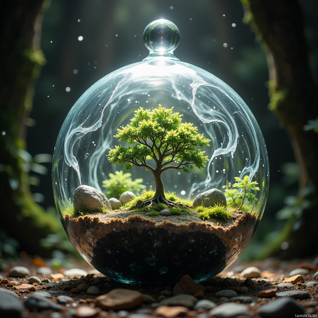 Semi-abstract image with many light, that is suitable for the post:  A tiny glass terrarium with etched swirling wind patterns, a miniature oak sprouting from damp soil, a subtle glowing seedling, a small hygrometer, and a miniature speaker emitting soft tones as humidity changes.