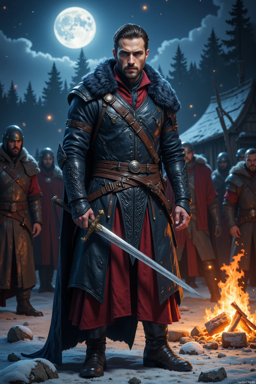 Realistic high quality photo. A 34‑year‑old commanding man with dark hair swept back, piercing blue eyes, fair skin, wearing a black leather jacket embossed with dragon‑scale patterns over a dark crimson tunic, weathered boots, and metal bracers, stands in a moonlit training camp at night, watching a gleaming sword as frost coats the ground while a warm campfire glows beside him and loyal soldiers surround him, ready for the next engagement.