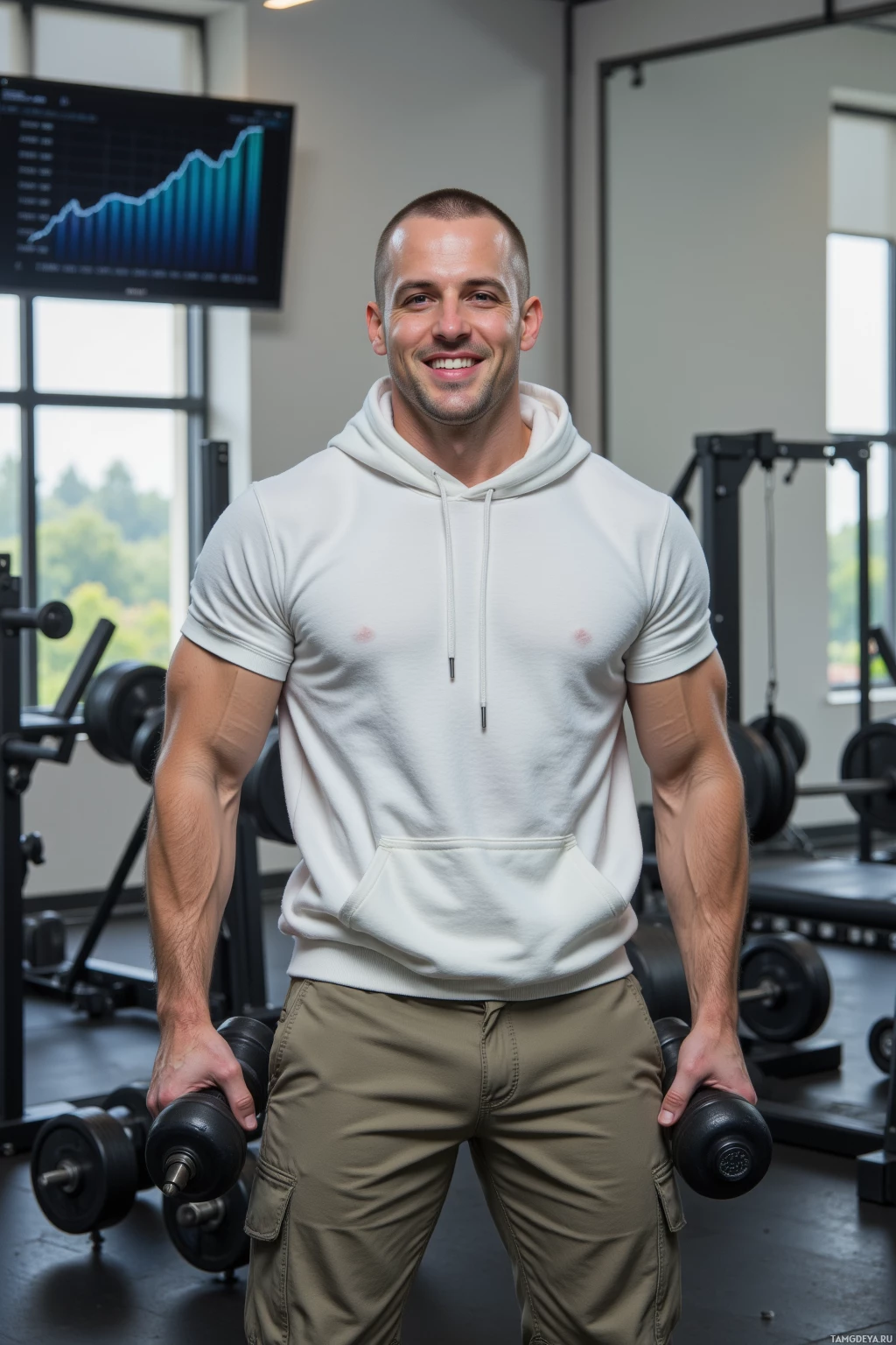 Realistic high quality photo. White male, 32, buzz cut brown hair, muscular build, wearing a fitted white hoodie and utilitarian cargo pants, fiercely lifting a heavy dumbbell in a bright indoor gym at midday, grinning confidently, with a laptop screen displaying a perfect upward curve graph in the background.
