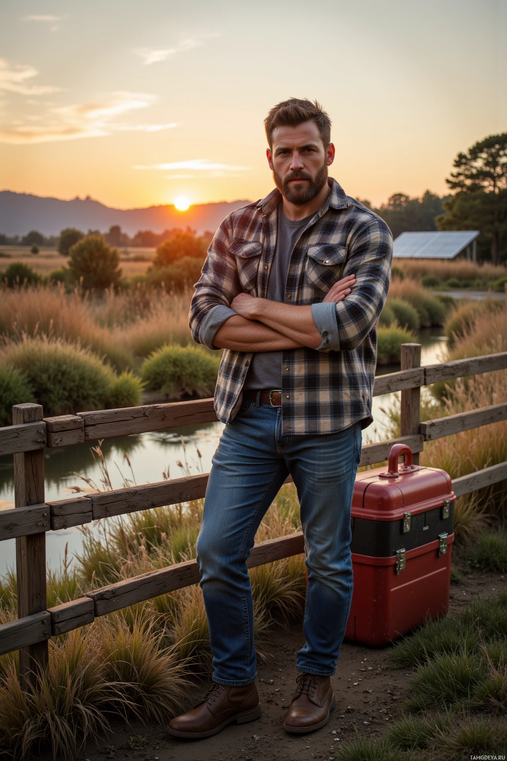 Realistic high quality photo. Male, 38, rugged man with short dark brown hair, thick beard, dark brown eyes, wearing a plaid shirt, well‑worn jeans, sturdy boots, standing in a city park at dawn, arms crossed over a sturdy toolbox beside a tiny wooden fence protecting a creek from bulldozers, sun rising overhead, a solar panel array in the background, he rolls his eyes.
