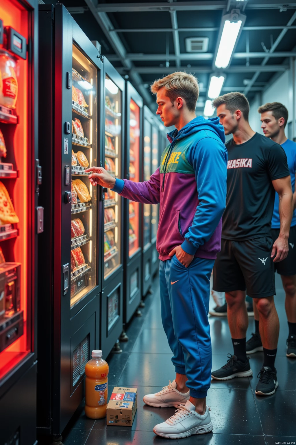 Realistic high quality photo. A 24‑year‑old man with short blonde hair and blue eyes, wearing a bright windbreaker, loose athletic pants, and white sneakers, standing in a fluorescent‑lit gym locker room, pushing the red button on a vending machine while a pizza box and a protein shake bottle sit beside him, with teammates debating over pizza order in the background.