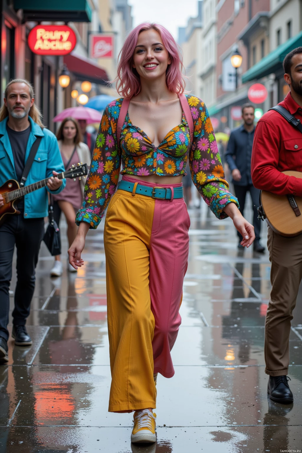 Realistic high quality photo. A 24-year-old woman with soft pastel pink waves, bright blue eyes, porcelain skin, wearing a bright eclectic polka dot, stripe, and floral outfit with bright sneakers, dancing joyfully on a wet city sidewalk during a rainy afternoon while a street musician plays guitar beneath a subtle neon glow and smiling strangers laugh around her, reflecting her lively, optimistic personality.