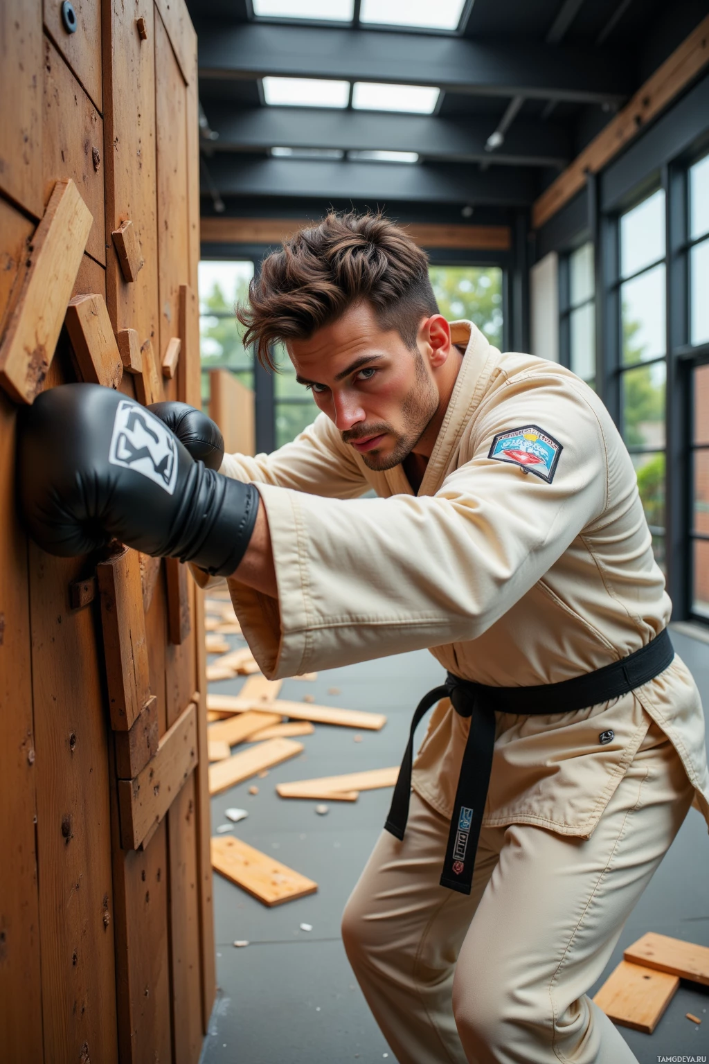 Realistic high quality photo. A 28‑year‑old man with dark brown retro‑styled hair, strong jawline, bright blue eyes, warm golden brown skin, wearing a cream gi with bold black accents and a black belt, energetically punching through a wooden wall in a modern boxing gym, shattered boards scattered on the floor, sweat glistening, intense focus, daylight streaming through large windows.