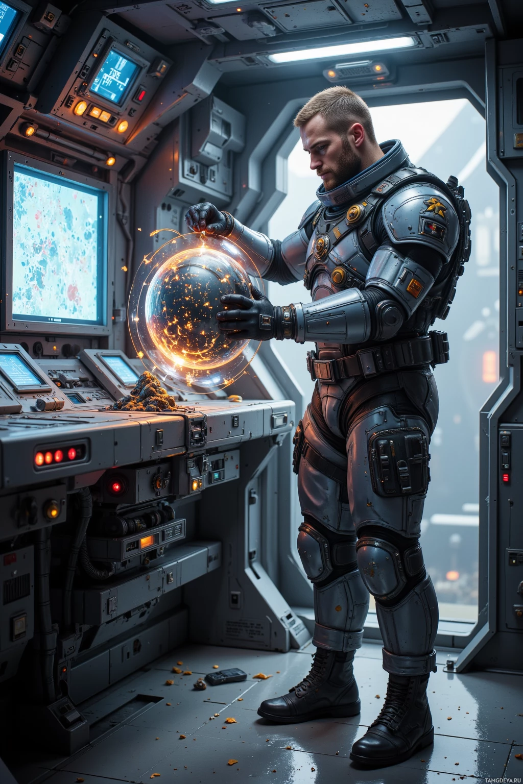 Realistic high quality photo. Male commander, 38, shaved light brown hair, piercing blue eyes, wearing muted gray tactical gear with rugged boots, stands in a starship control room in the early morning, igniting an ion thruster, running a diagnostic on a glowing morale matrix, glancing at a sensor array, while assembling a miniature Dyson sphere from discarded coolant tubes beside polymer‑sealed supply lockers, surrounded by flickering control panels and the hum of ship systems.