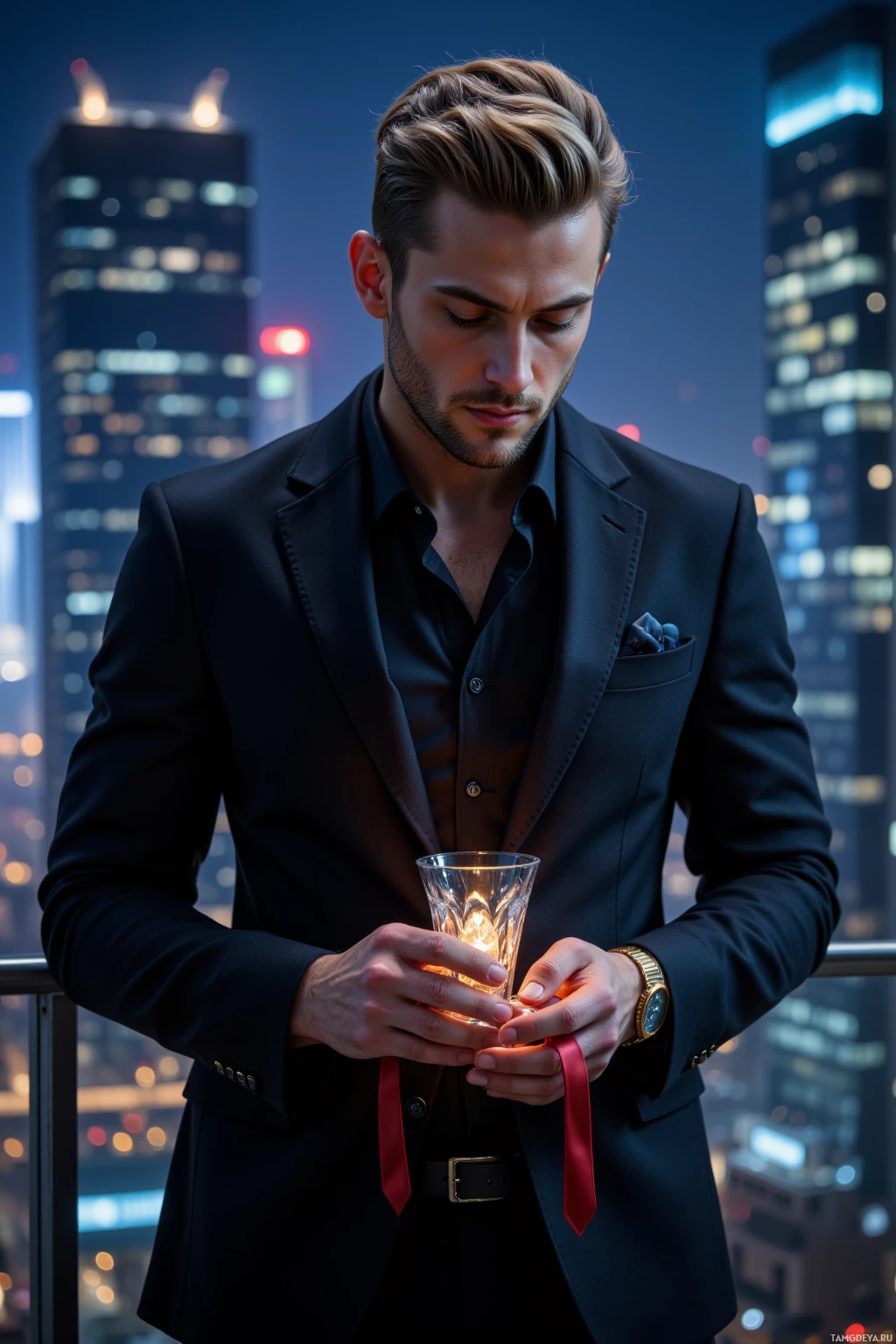 Realistic high quality photo. A 32‑year‑old man with slicked‑back blonde hair, blue eyes, tailored black suit, gold cufflinks and a luxury watch stands on a sleek penthouse balcony at midnight, clutching a crystal glass while counting odds, silk ribbon curling around a ledger, overlooking a sparkling city illuminated by night lights, radiating polished charm and ruthless ambition.