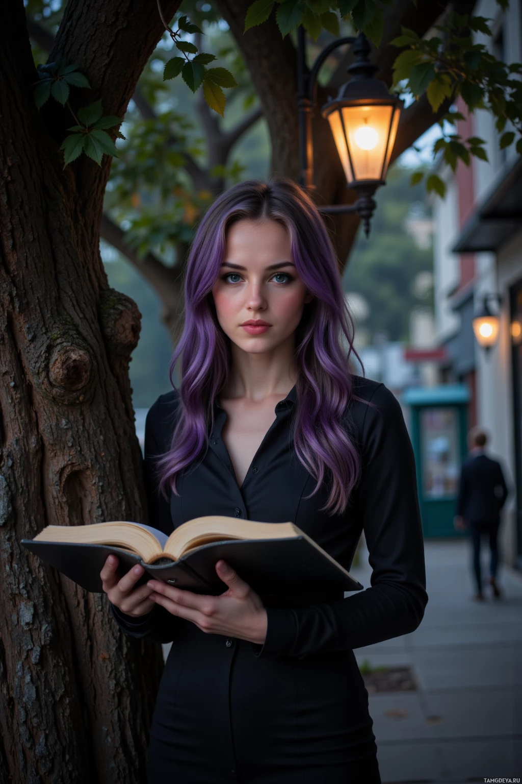 Realistic high quality photo. A dark‑violet‑haired woman in a fitted black dress, porcelain skin, deep blue eyes, standing beside an old oak tree with an open book at midnight, lamplight flickering, distant footsteps echoing in a quiet city alley.