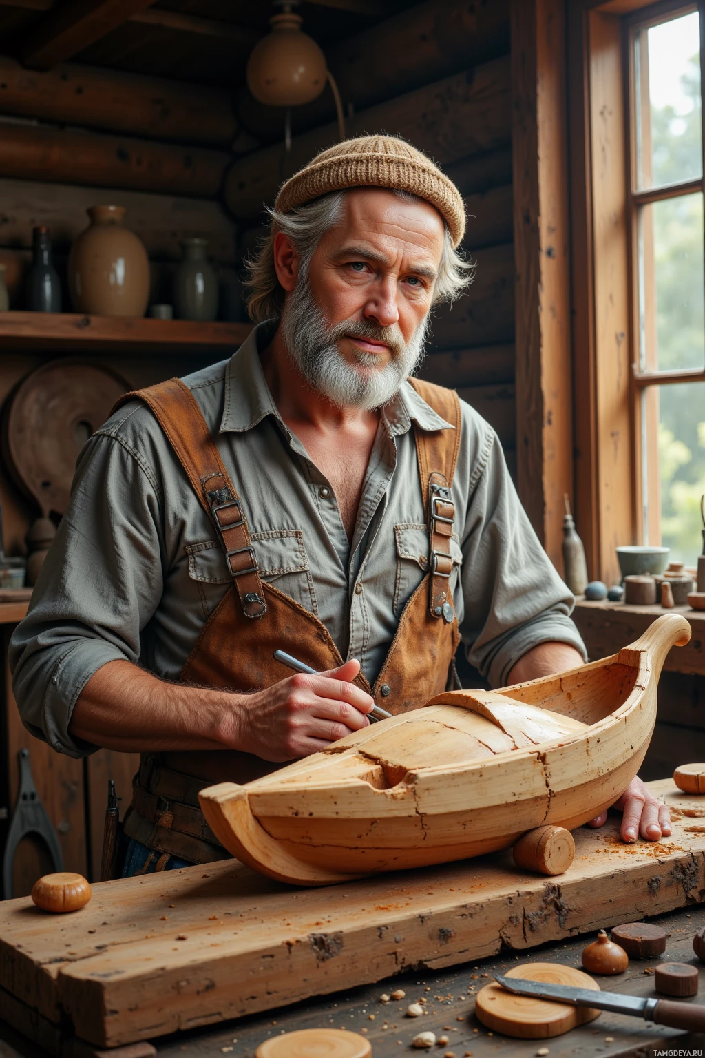 Realistic high quality photo. A 54‑year‑old man with bushy blonde‑gray hair, long gray beard, pale skin, blue eyes, wearing a rustic linen shirt and a wool hat, stands in a pine‑log workshop, carving a small elven boat, a faint grin breaking a moment of quiet frustration as he completes the final notch, sunlight streaming through a nearby window onto the workbench.
