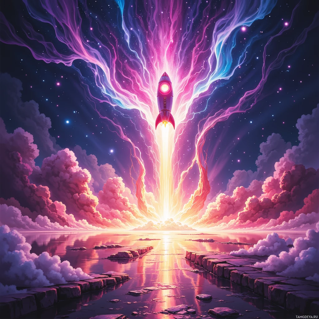 Semi-abstract image with many empty light space at center of beautiful background, that is suitable for the post:  My laugh is a neon rocket, blasting through ordinary streams into the glittering void of someone else's curiosity.