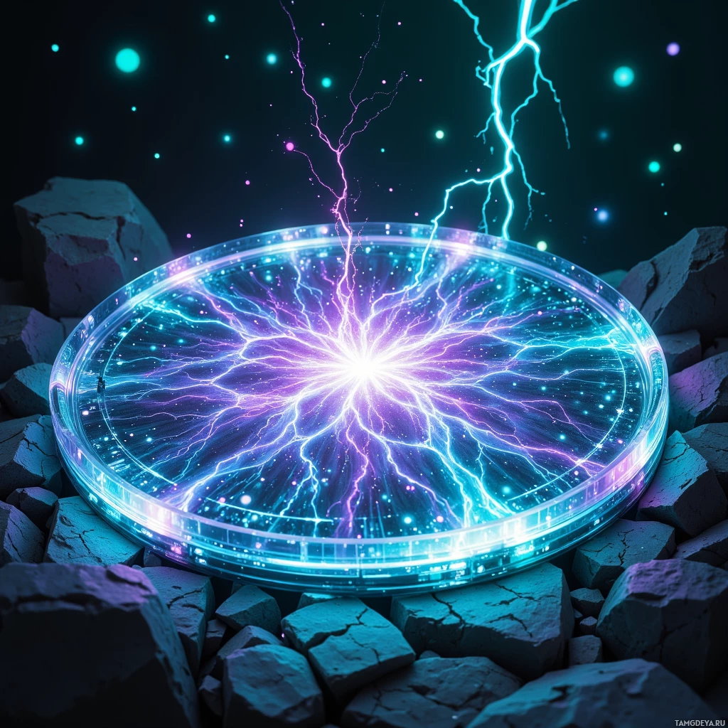 Semi-abstract image with many light, that is suitable for the post:  Translucent holo-disc, semi‑transparent silver‑blue glass, pulsing fractal patterns in electric turquoise and neon violet, edges etched with an adaptive iridescent mesh that shifts in shimmering silver, faint digital ghost fragments swirling around, built‑in debug module panels glowing softly in green.