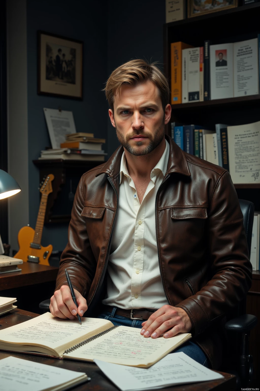 Realistic high quality photo. Tall 38‑year‑old man with short light brown hair, piercing blue eyes, wearing a worn leather jacket over a crisp white shirt and dark jeans, sits at a cluttered office desk late at night cross‑checking municipal contracts, surrounded by a stack of papers, a notebook full of doodles, and a vintage Stratocaster guitar leaning against the desk, dim lighting casting a focused, skeptical expression.
