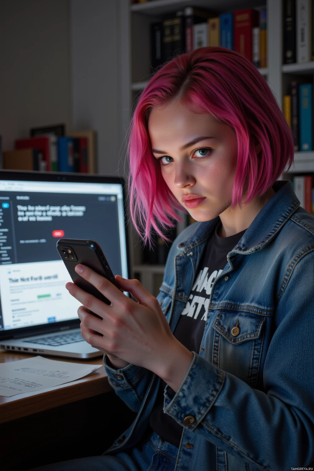 Realistic high quality photo. 19‑year‑old woman with bright pink messy bob hair, piercing green eyes, pale skin, wearing jeans, a graphic t‑shirt and denim jacket, sitting at a cluttered desk in her home office at night, scrolling frantically on her smartphone showing a long meme queue while a laptop displays a “404 Not Found” error and a blinking Wi‑Fi router in the background, her expression a mix of frustrated impatience and anxious irritation.