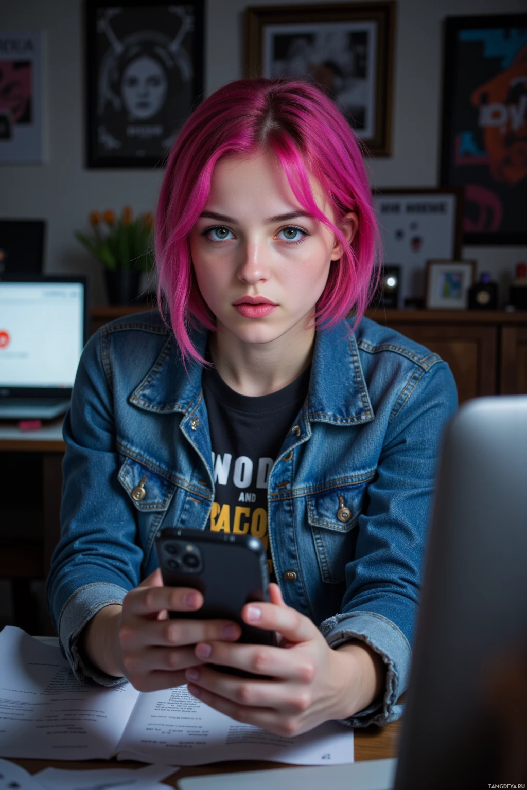 Realistic high quality photo. 19‑year‑old woman with bright pink messy bob hair, piercing green eyes, pale skin, wearing jeans, a graphic t‑shirt and denim jacket, sitting at a cluttered desk in her home office at night, scrolling frantically on her smartphone showing a long meme queue while a laptop displays a “404 Not Found” error and a blinking Wi‑Fi router in the background, her expression a mix of frustrated impatience and anxious irritation.