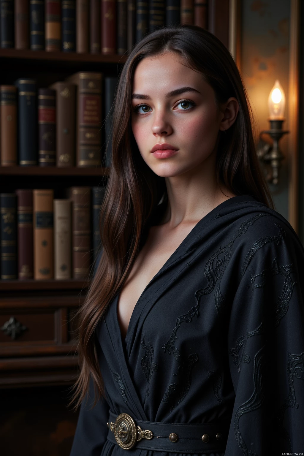 Realistic high quality photo. Serene woman, 27, long dark hair, deep brown eyes, pale skin, wearing dark elegant robes with intricate ancient patterns, standing in a dimly lit old library with towering dusty book stacks, a single lamp casting soft moving shadows, evoking a quiet, mysterious atmosphere.